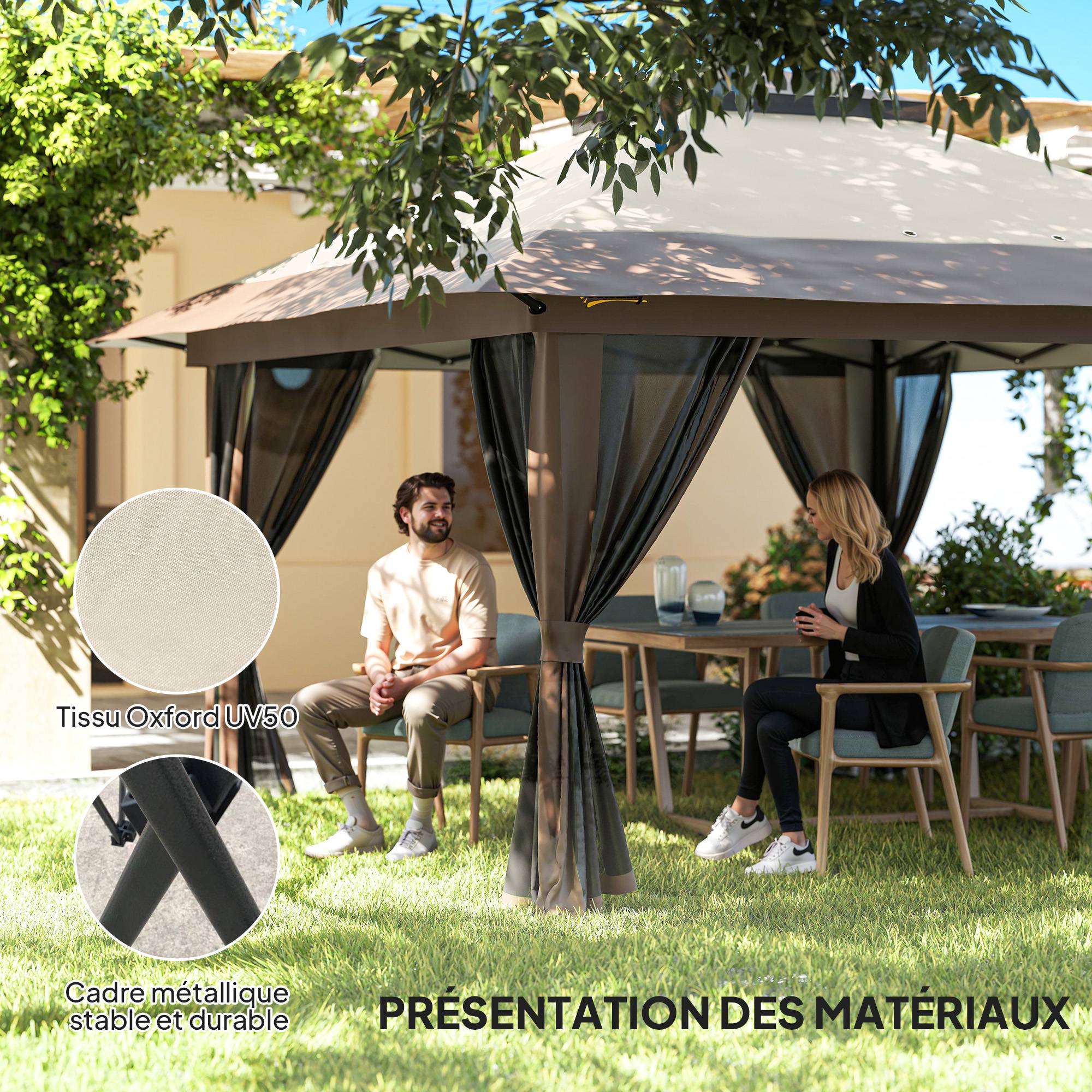 Tonnelle barnum de jardin pop-up pliant double toit protection UV 50+ avec 4 moustiquaires zippées 4 x 4 m beige - Image 10