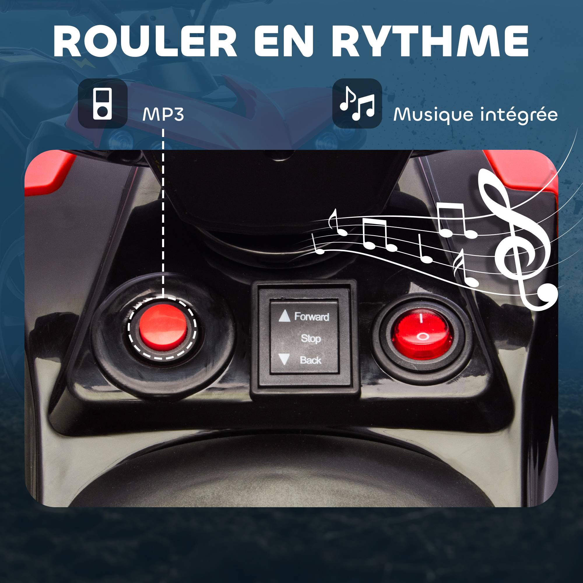 Quad électrique enfant 6V, voiture électrique enfants ATV, musique et phares LED, pour 37-72 mois, 70 x 42 x 45 cm, rouge - Image 8