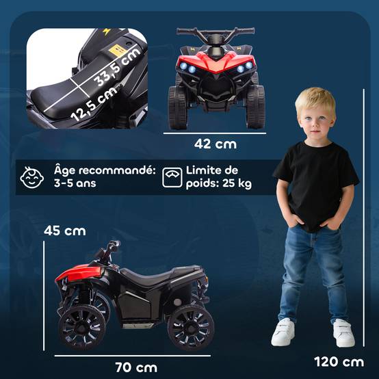 Quad électrique enfant 6V, voiture électrique enfants ATV, musique et phares LED, pour 37-72 mois, 70 x 42 x 45 cm, rouge - Image 5
