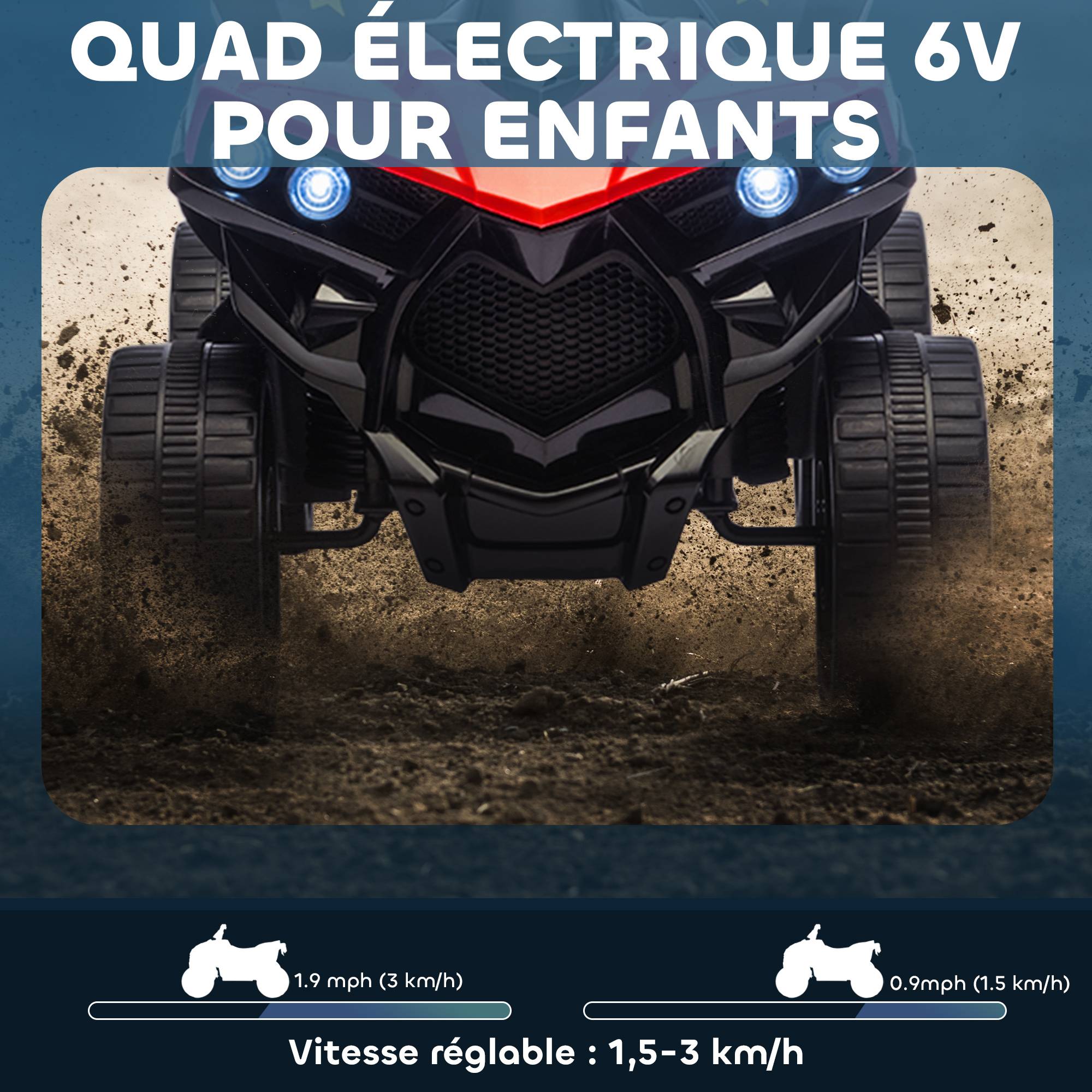 Quad électrique enfant 6V, voiture électrique enfants ATV, musique et phares LED, pour 37-72 mois, 70 x 42 x 45 cm, rouge - Image 6
