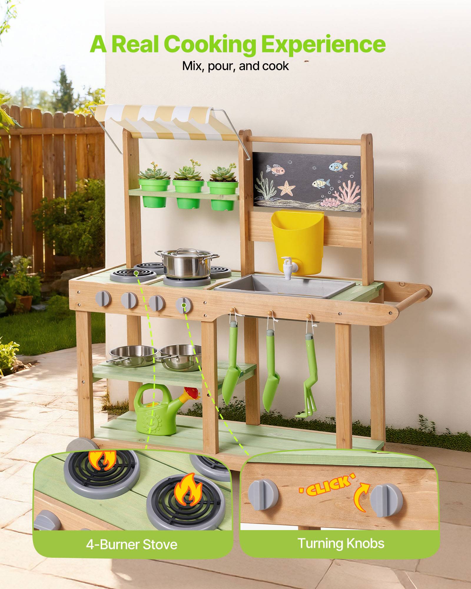 Vevor - VEVOR Cuisine à boue 88 cm en sapin, cuisine patouille extérieure pour enfants 3+, avec évier amovible, robinet, roues pivotantes et accessoires - Image 4