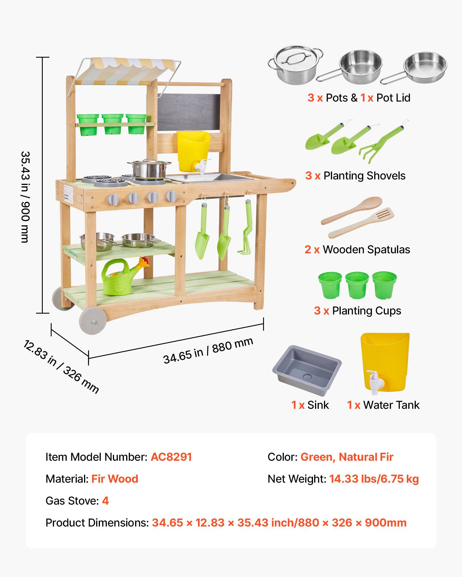 Vevor - VEVOR Cuisine à boue 88 cm en sapin, cuisine patouille extérieure pour enfants 3+, avec évier amovible, robinet, roues pivotantes et accessoires - Image 6