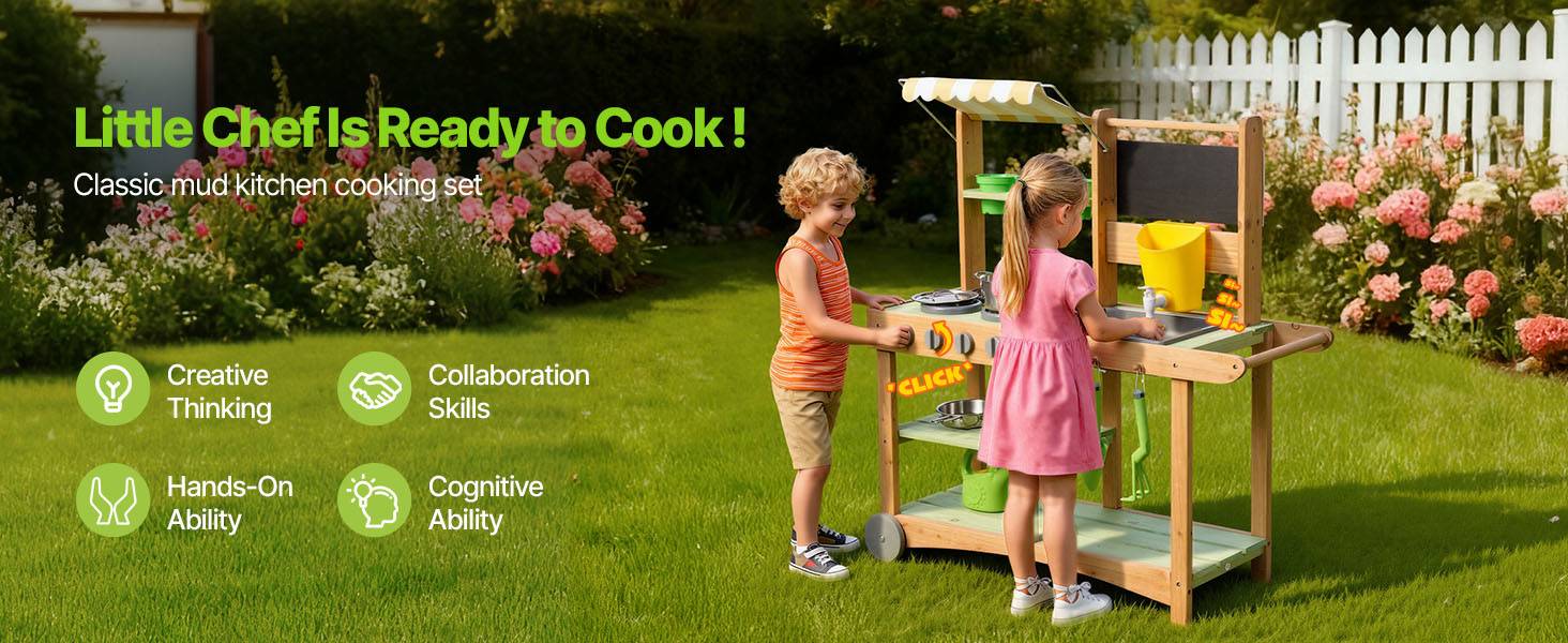 Vevor - VEVOR Cuisine à boue 88 cm en sapin, cuisine patouille extérieure pour enfants 3+, avec évier amovible, robinet, roues pivotantes et accessoires - Image 9