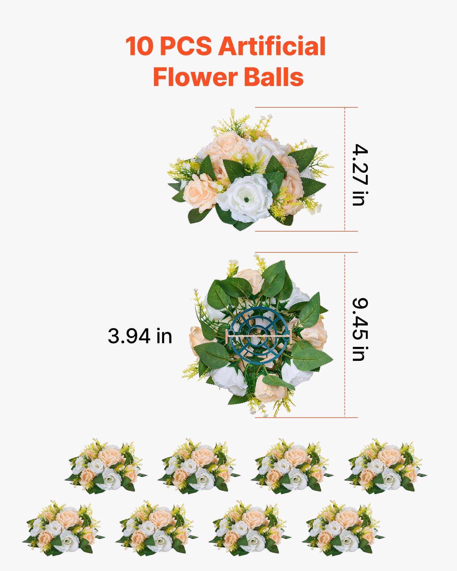 VEVOR Boules de Fleurs Artificielles Lot de 10 24 cm Roses Champagne et Blanches - Image 3
