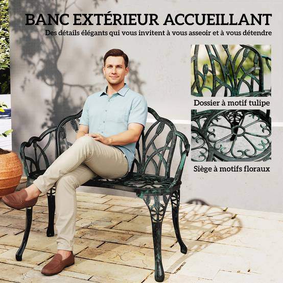 Outsunny - Banc de jardin 2 places - dossier tulipe, assise florale - aluminium moulé -99x57x78cm - vert antique - Outsunny - Image 7