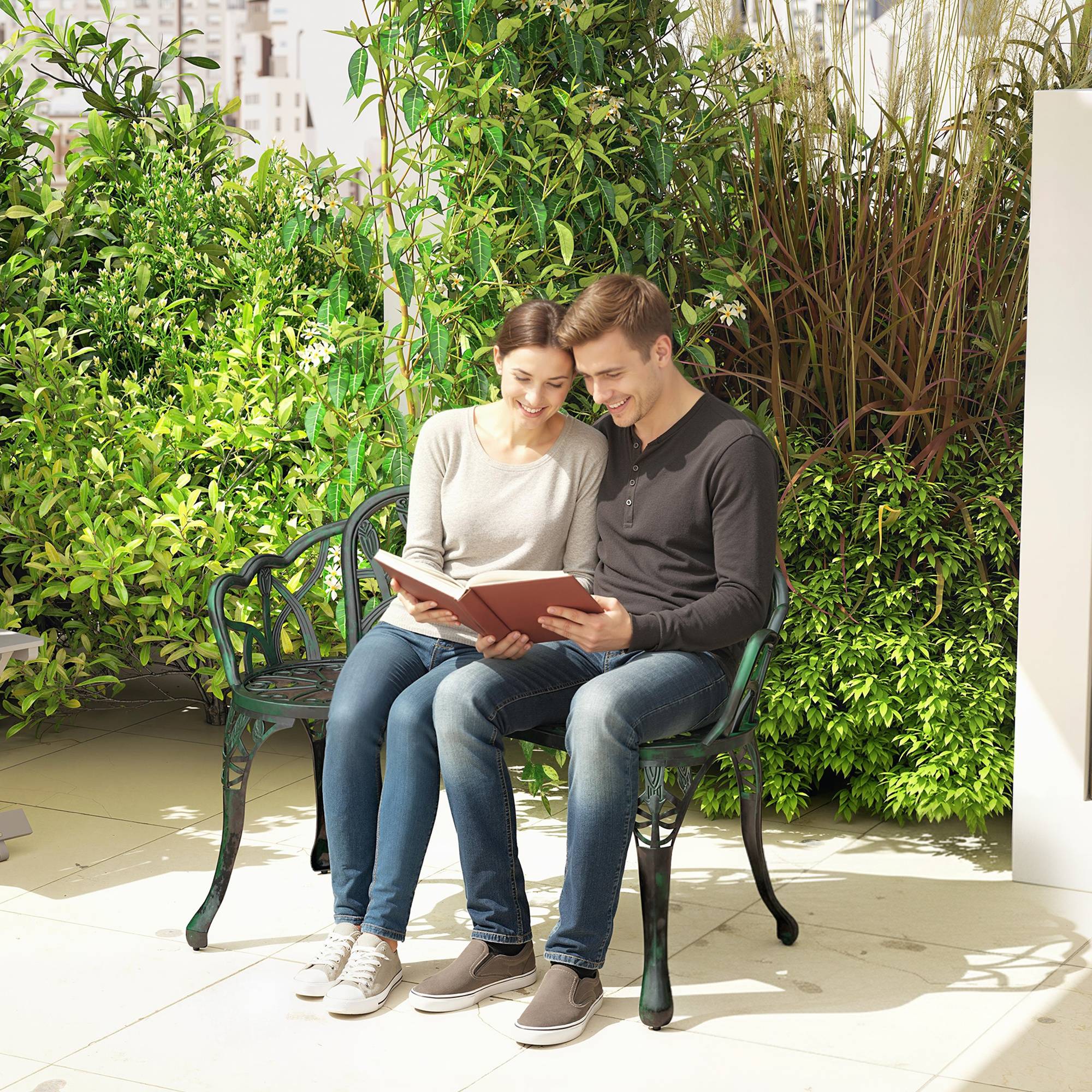Outsunny - Banc de jardin 2 places - dossier tulipe, assise florale - aluminium moulé -99x57x78cm - vert antique - Outsunny - Image 2