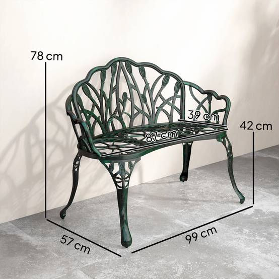 Outsunny - Banc de jardin 2 places - dossier tulipe, assise florale - aluminium moulé -99x57x78cm - vert antique - Outsunny - Image 3