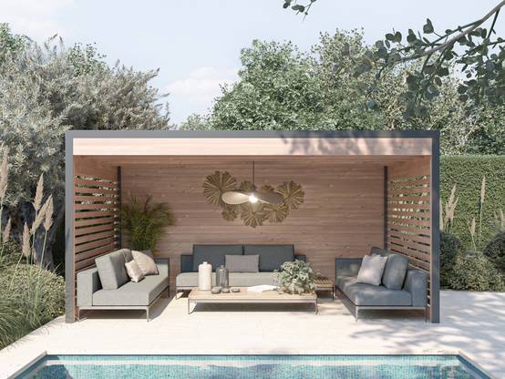 Pergola bois & Aluminum Design 15m2 - Bois Douglas épaisseur 55mm - Toiture Bacacier avec voliges sous toiture - MON CHALET DE JARDIN - Image 1