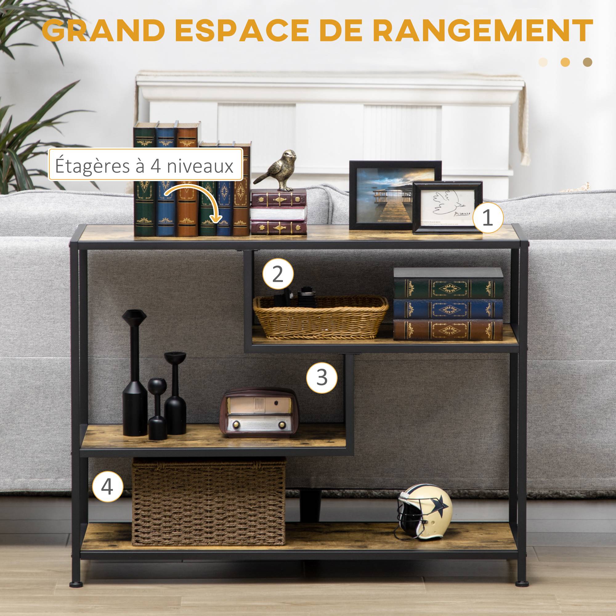 Table console style industriel avec 4 niveaux de rangement 3 étagères inférieures 99,6 x 33,6 x 74 cm - Image 6