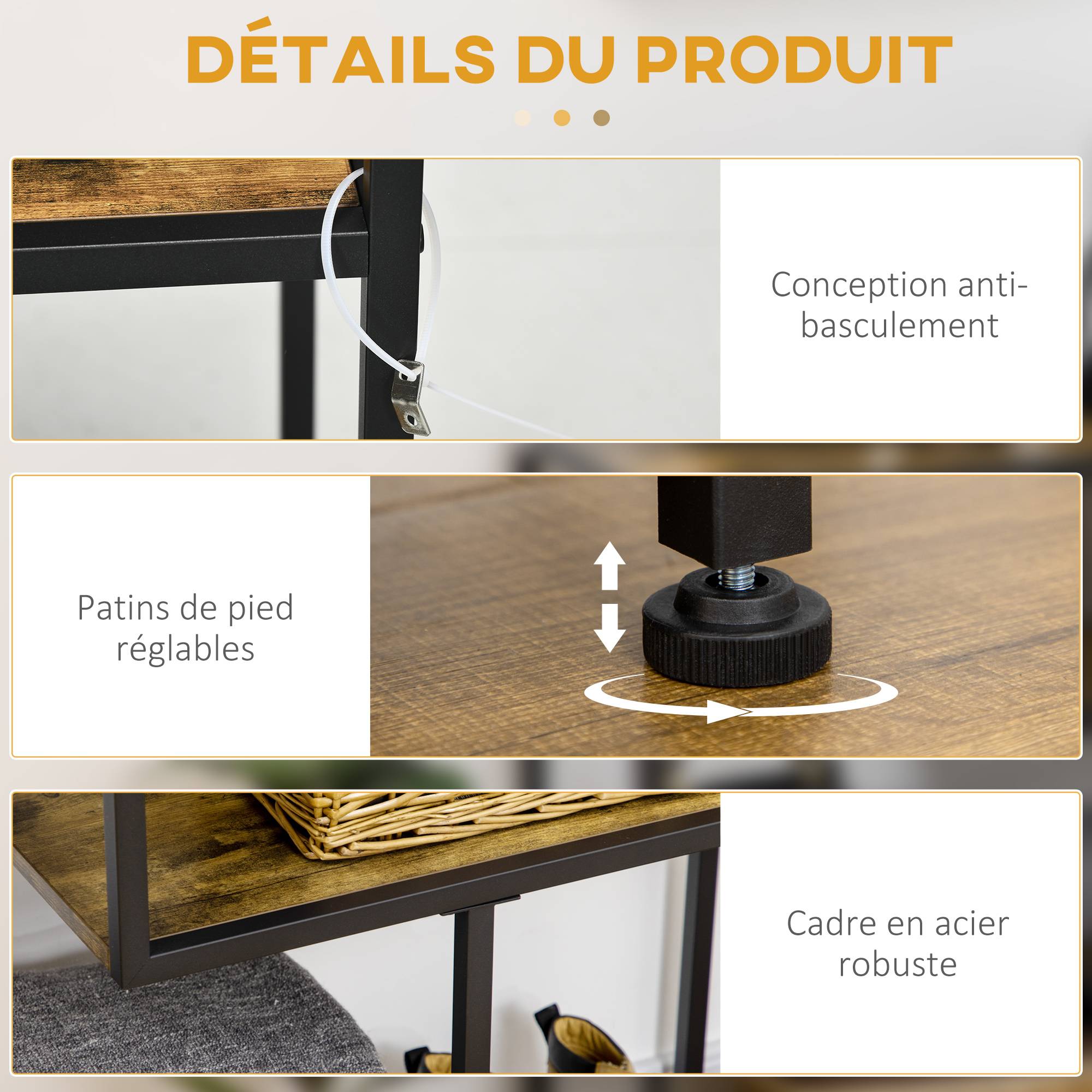 Table console style industriel avec 4 niveaux de rangement 3 étagères inférieures 99,6 x 33,6 x 74 cm - Image 7
