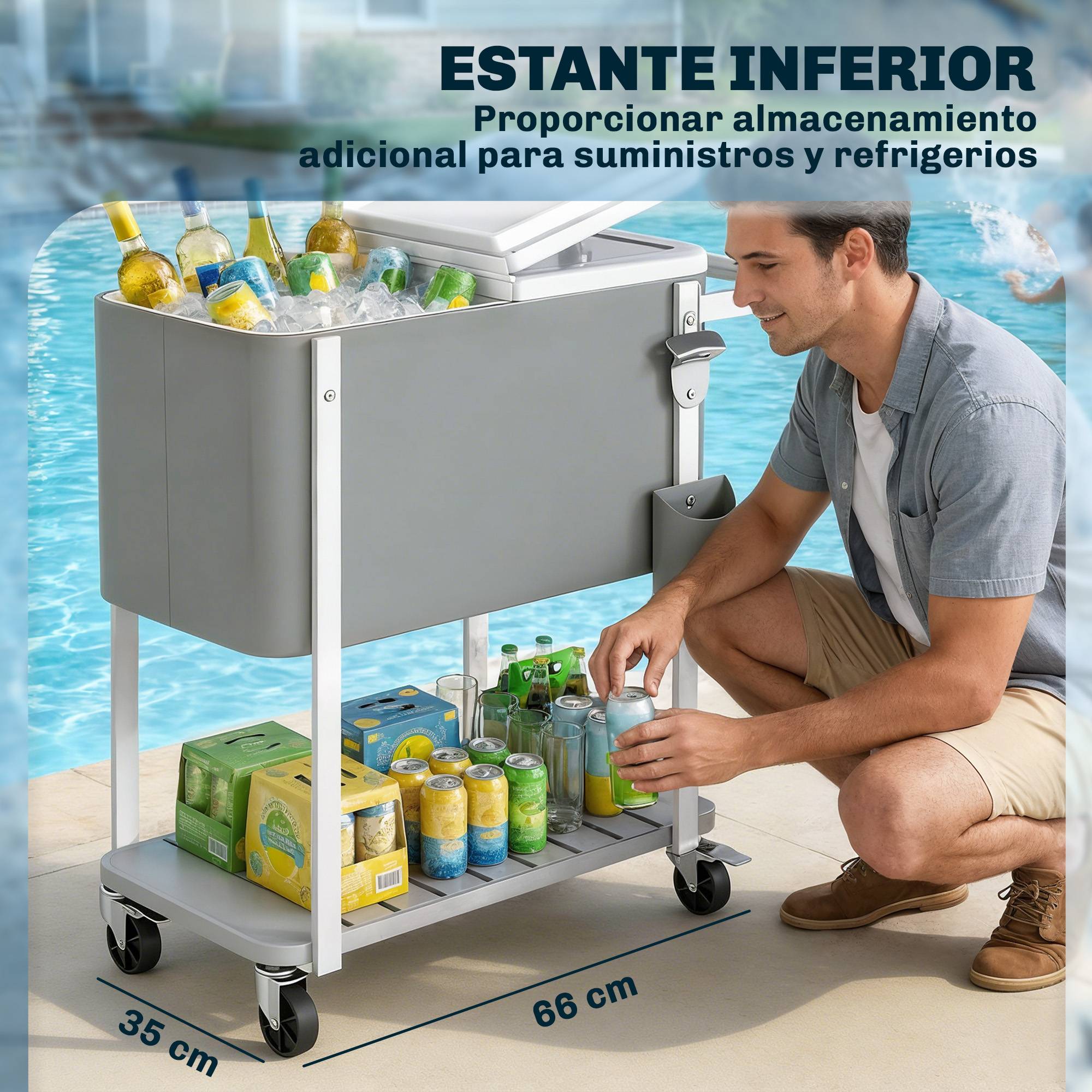ComfortXL - Chariot glacière 56 L gris 84 x 38 x 83 cm avec roulettes pour terrasse et fêtes - ComfortXL Outdoor Living - Image 9