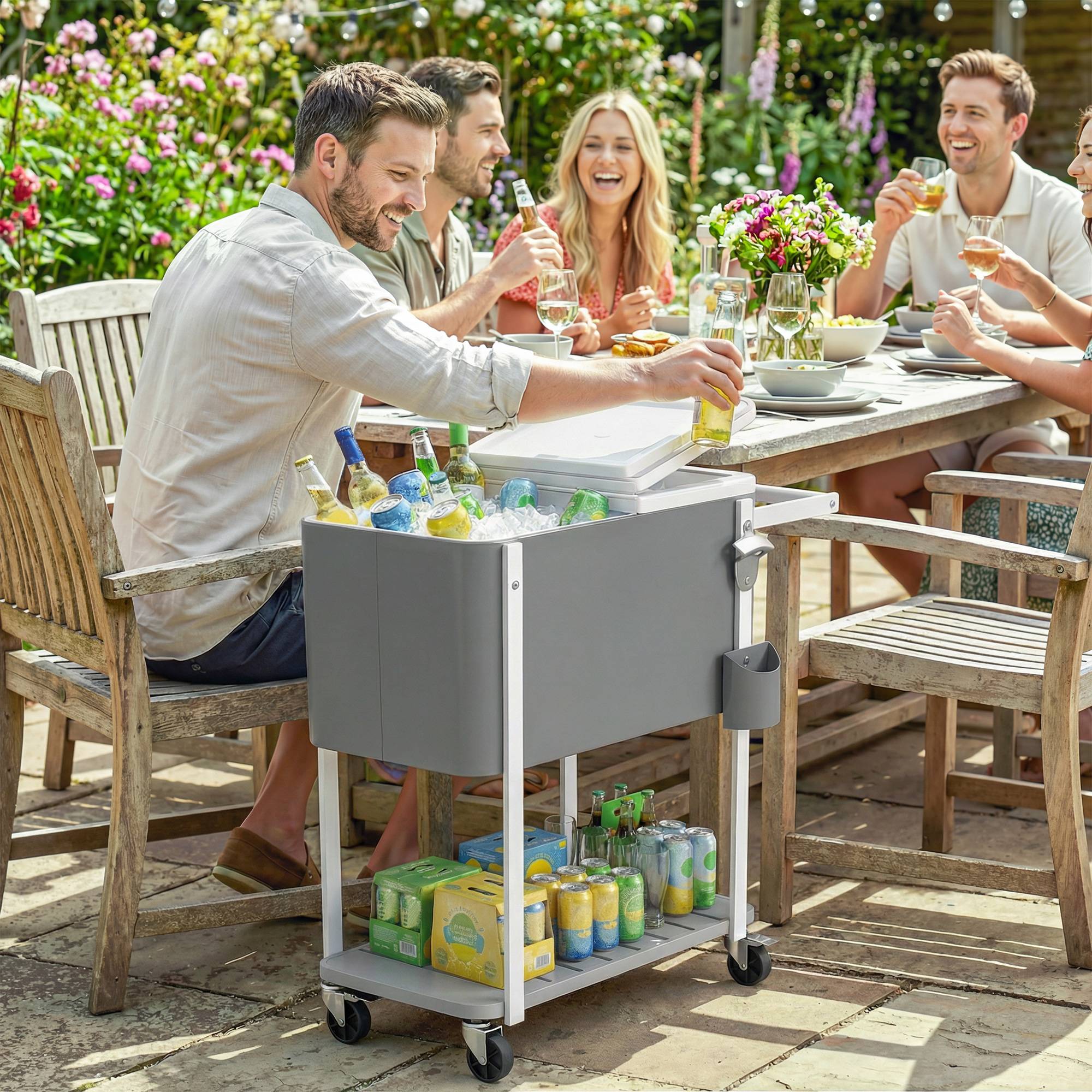 ComfortXL - Chariot glacière 56 L gris 84 x 38 x 83 cm avec roulettes pour terrasse et fêtes - ComfortXL Outdoor Living - Image 4