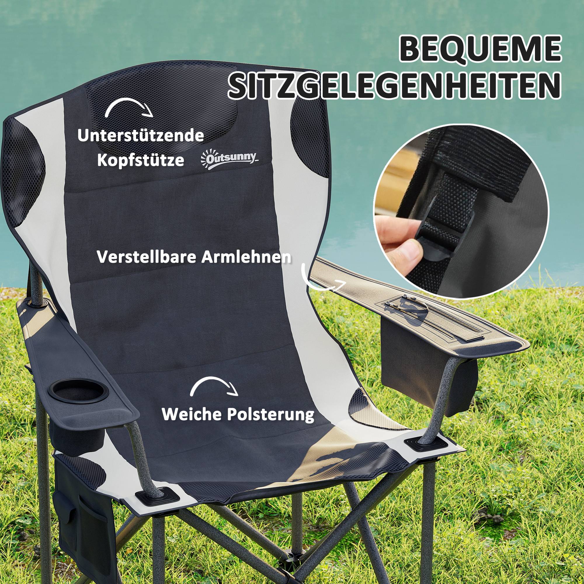 Sans Marque - Set 2 chaises pliantes, accoudoirs, porte-gobelet, appui-tête, sac isotherme, noir - Image 6