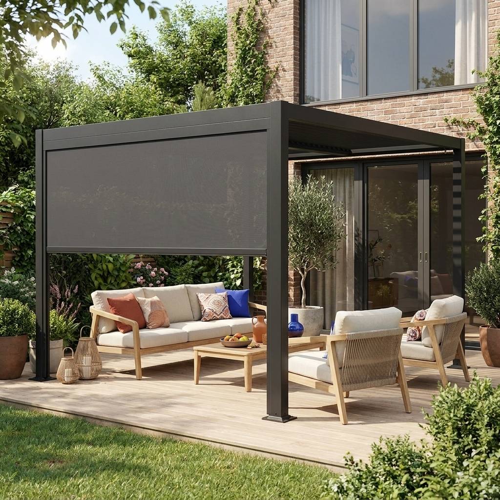 Pergola bioclimatique aluminium et acier 3x3m lames orientables + store 3m PALACE noir | sweeek - Image 1