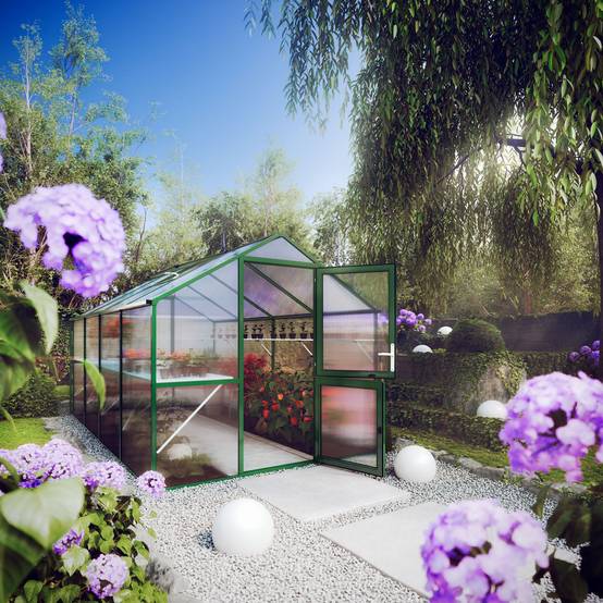 Serre de jardin 10m² aluminium et polycarbonate. Modèle Rose IV Vert mousse. Marque KGT - Image 1