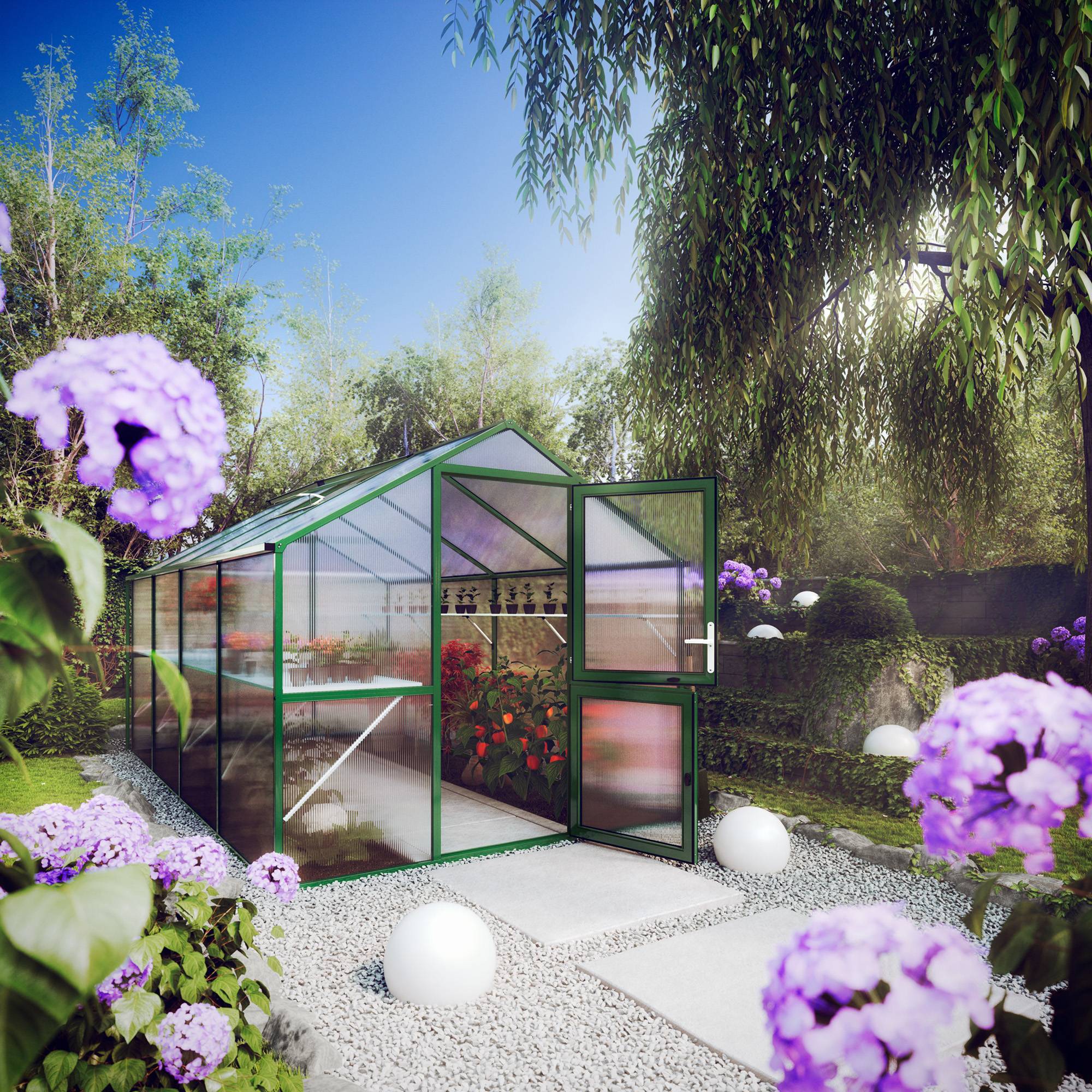 Serre de jardin 10m² aluminium et polycarbonate. Modèle Rose IV Vert mousse. Marque KGT