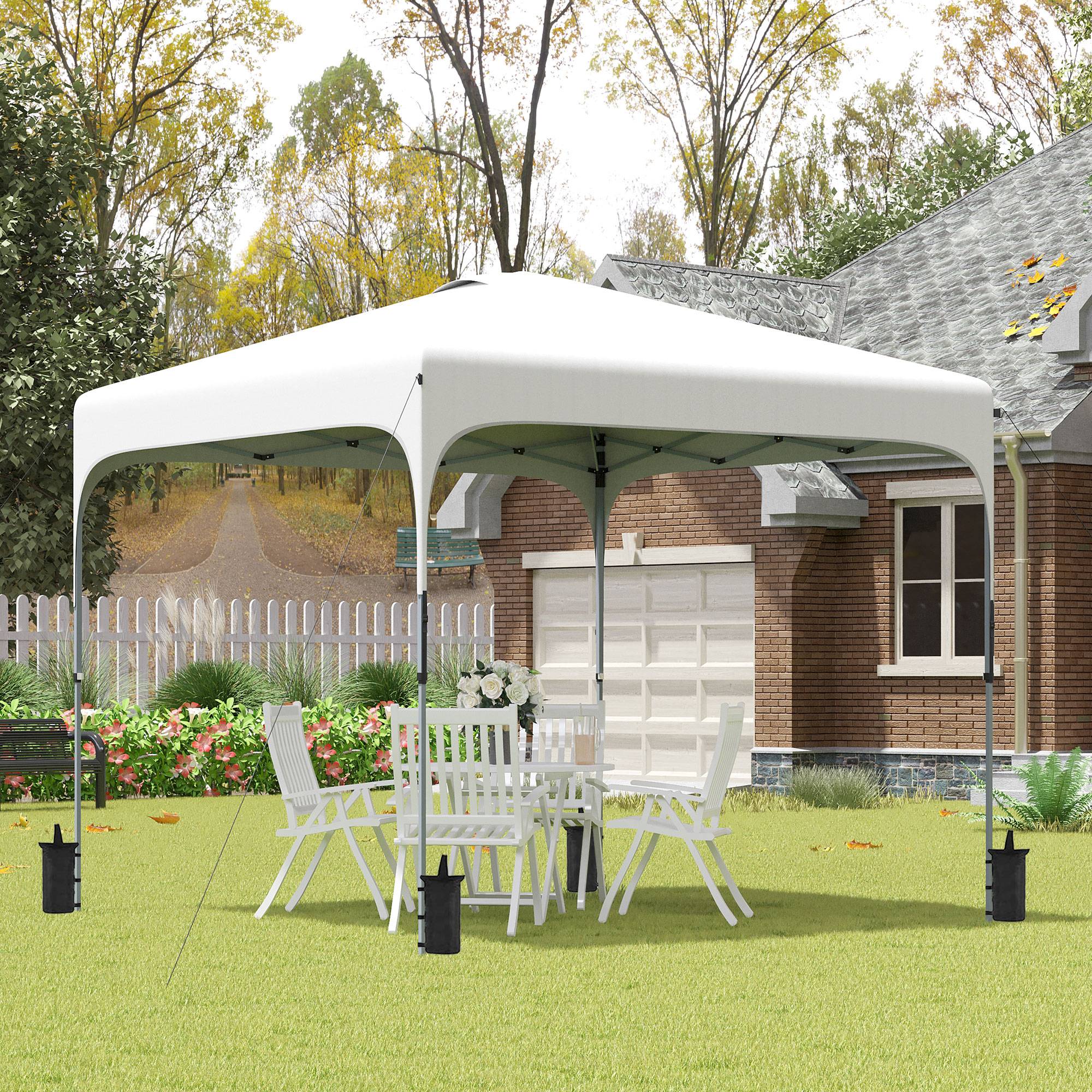 Tonnelle de jardin 2,5 x 2,5 x 2,7 m, hauteur réglable, anti-UV, imperméable, 4 sacs de lestage et sac de transport, blanche - Image 3