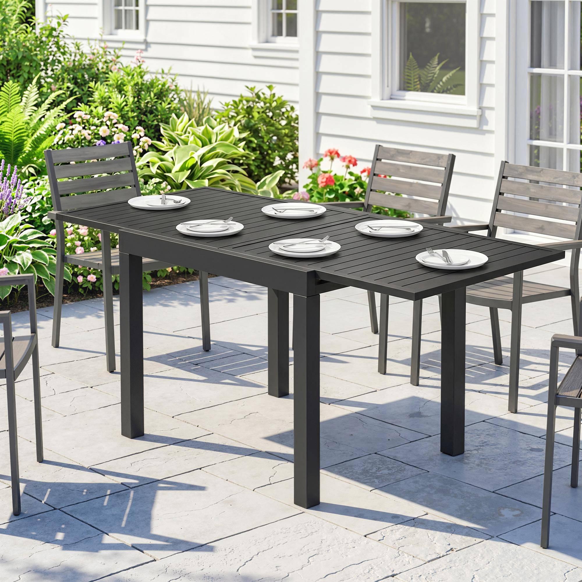 Table de jardin extensible table extérieur pour 4-6 personnes avec rallonge auto-stockée aluminium 80-160 x 80 cm noir - Image 3