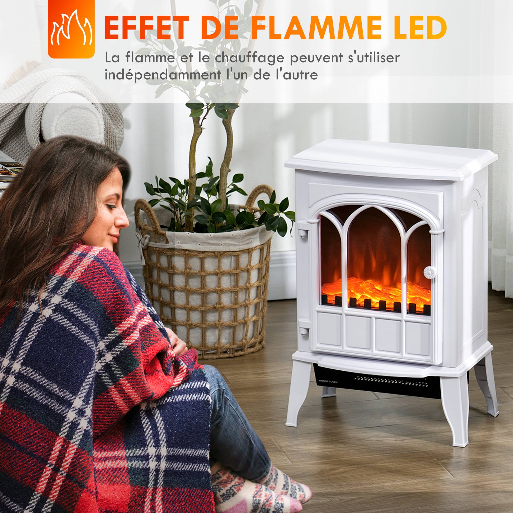 Cheminée électrique sur pied 1000/2000 W, fausse cheminée décorative avec effet flamme LED, blanc - Image 6
