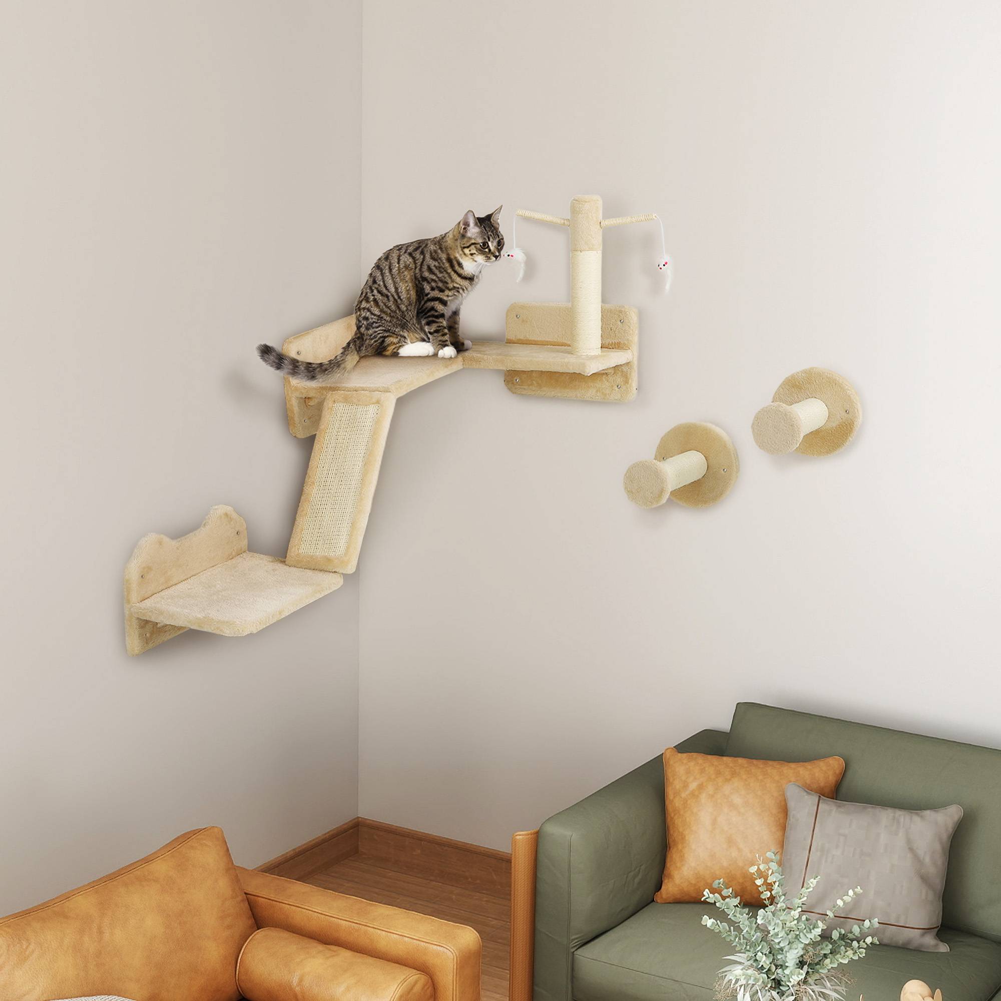 Mur d'escalade d'angle pour chat en bois plateformes et poteaux sisal 110cm beige - ComfortXL Outdoor Living - Image 4