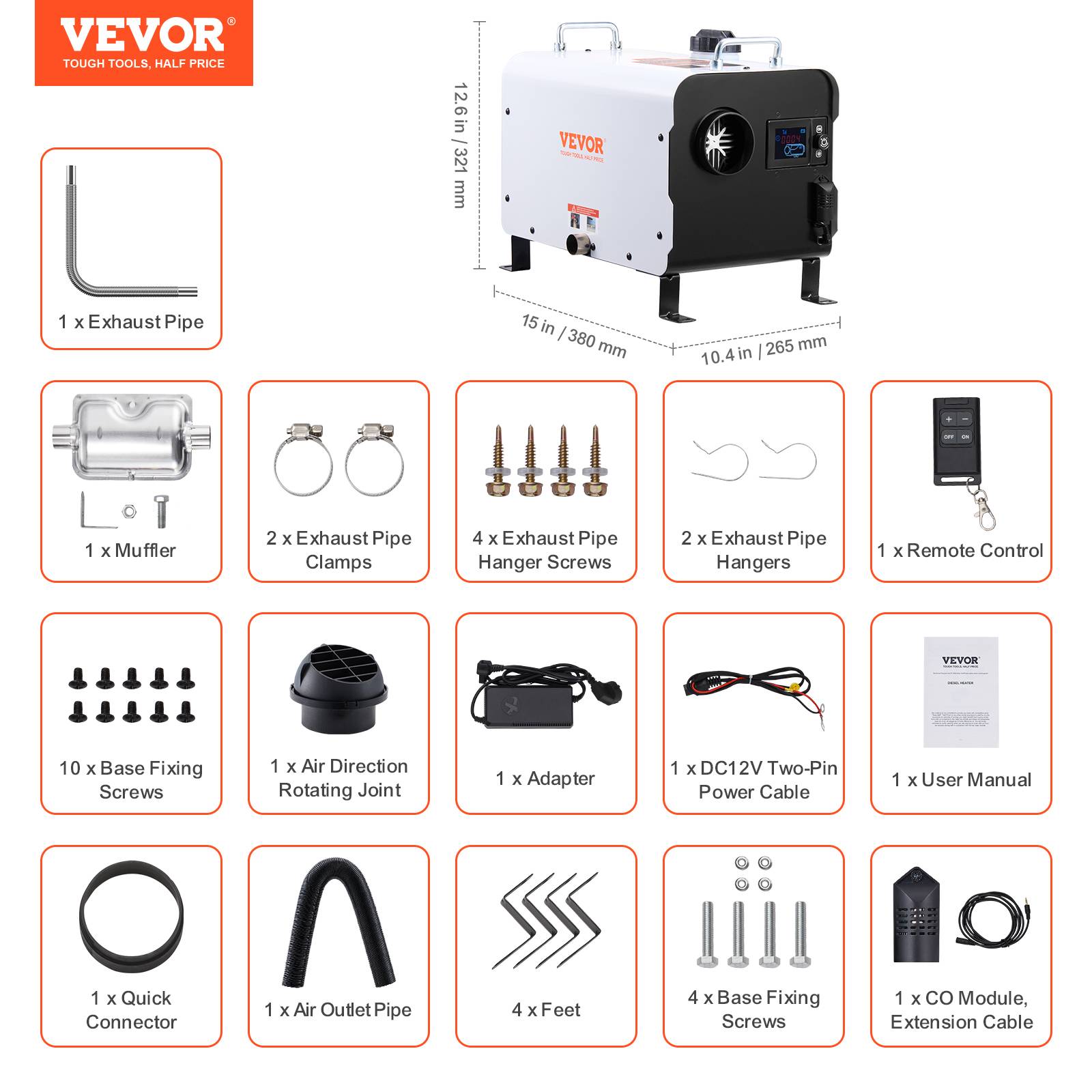 Vevor - VEVOR Chauffage diesel 8kW tout-en-un 12/24V, contrôle Bluetooth, télécommande, écran, alarme CO, portable. - Image 7