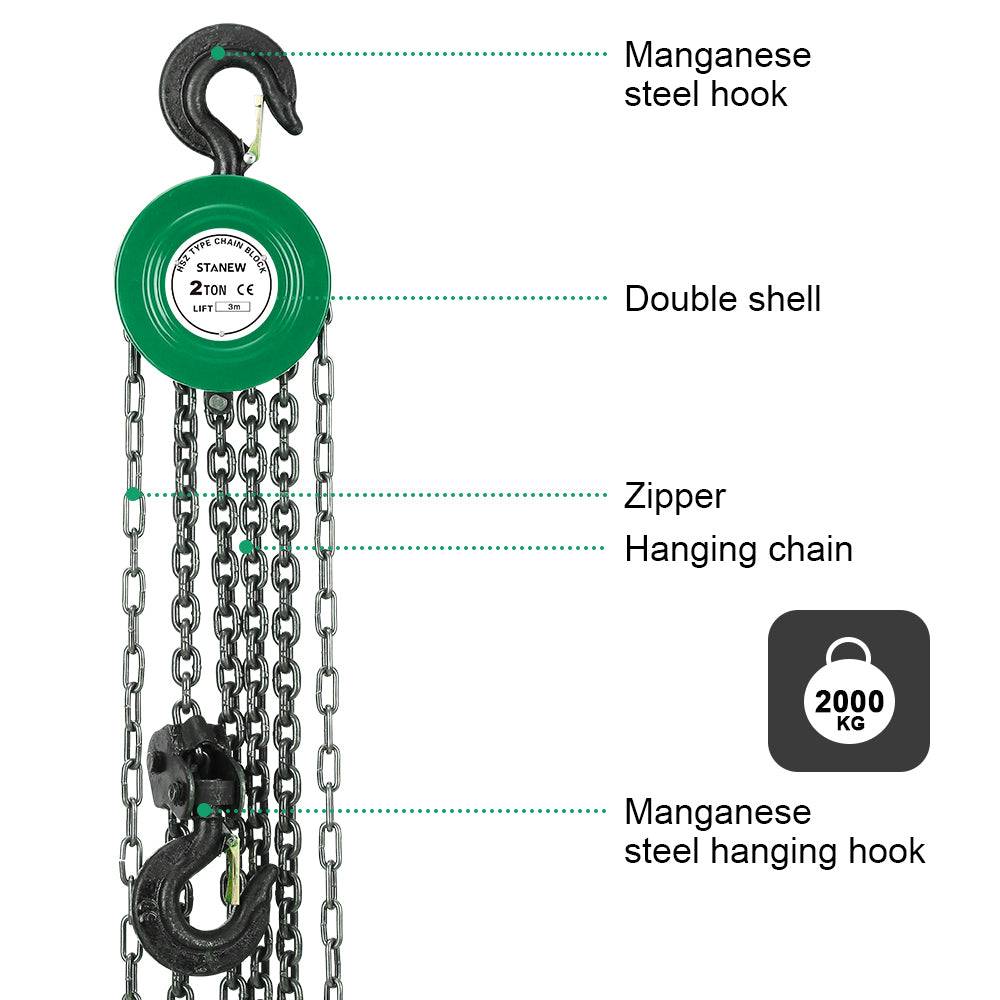 Palan à chaine 2 tonnes - Chaine de commande 2,5 m / de charge 3 m