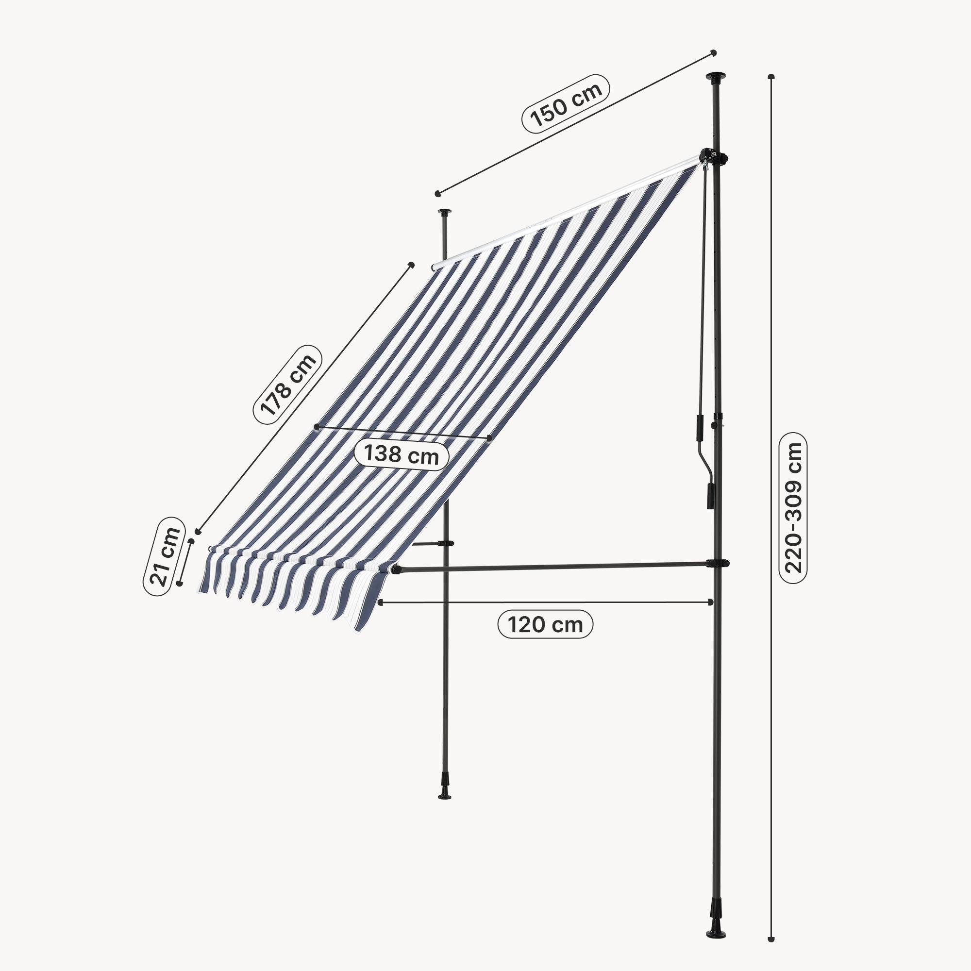 Pro.Tec - Store Banne Téléscopique Acier Polyester 150 x 120 x 220-309 cm Bleu Foncé Blanc [pro.tec] - Image 3