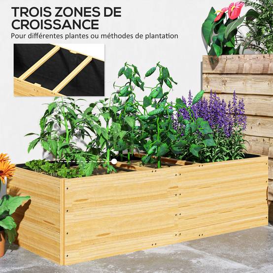 Sans Marque - Jardinière extérieur, carré potager en bois, 3 compartiments de plantation et doublure inclus, 140x60x40cm, naturel - Image 6
