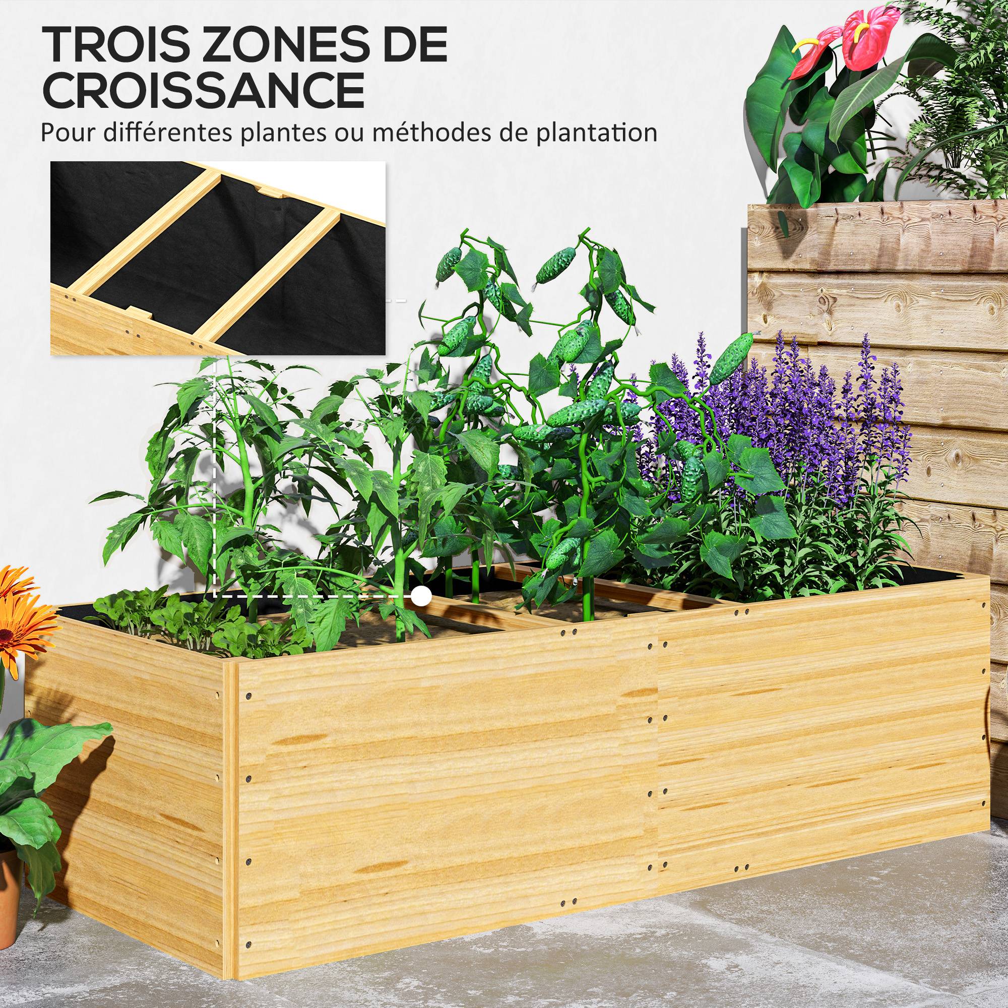 Sans Marque - Jardinière extérieur, carré potager en bois, 3 compartiments de plantation et doublure inclus, 140x60x40cm, naturel - Image 6