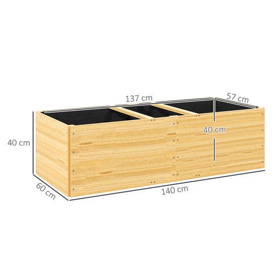 Sans Marque - Jardinière extérieur, carré potager en bois, 3 compartiments de plantation et doublure inclus, 140x60x40cm, naturel - Image 5