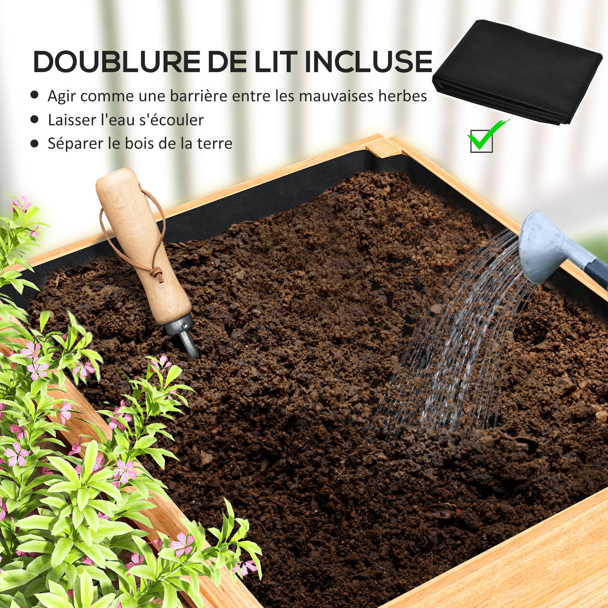 Sans Marque - Jardinière extérieur, carré potager en bois, 3 compartiments de plantation et doublure inclus, 140x60x40cm, naturel - Image 8