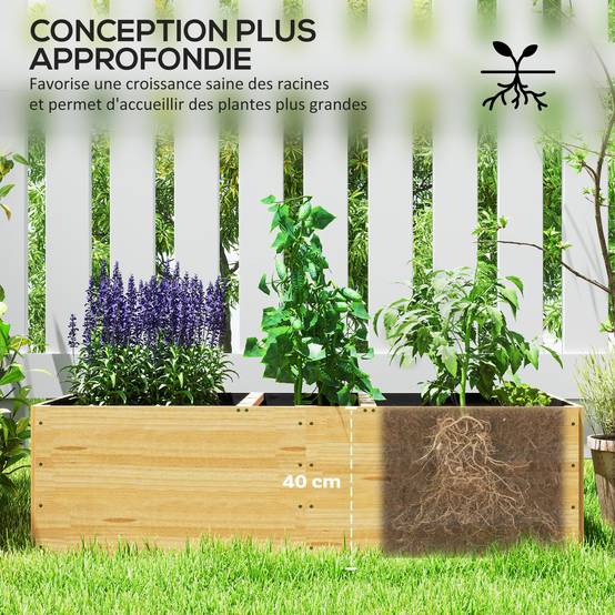 Sans Marque - Jardinière extérieur, carré potager en bois, 3 compartiments de plantation et doublure inclus, 140x60x40cm, naturel - Image 7