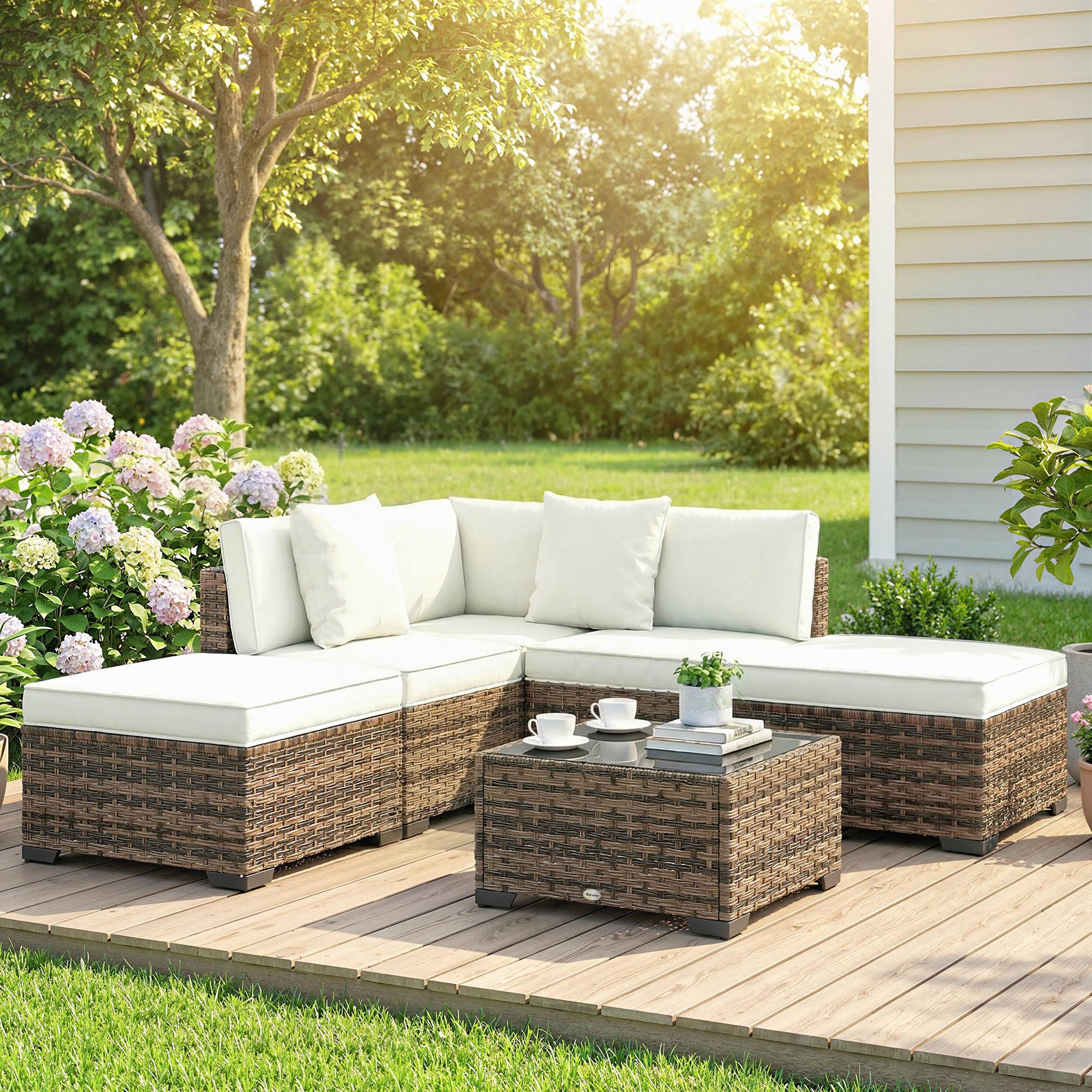 Outsunny - Salon de jardin extérieur d'angle 5 places - canapés, repose-pieds, table basse et coussins - résine tressée - crème - Outsunny - Image 8