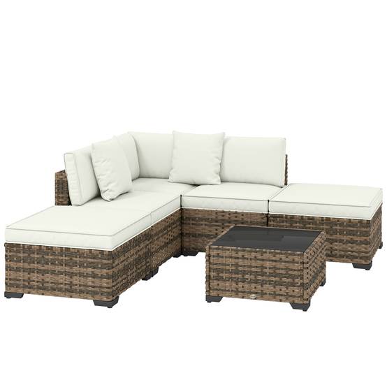Outsunny - Salon de jardin extérieur d'angle 5 places - canapés, repose-pieds, table basse et coussins - résine tressée - crème - Outsunny - Image 1