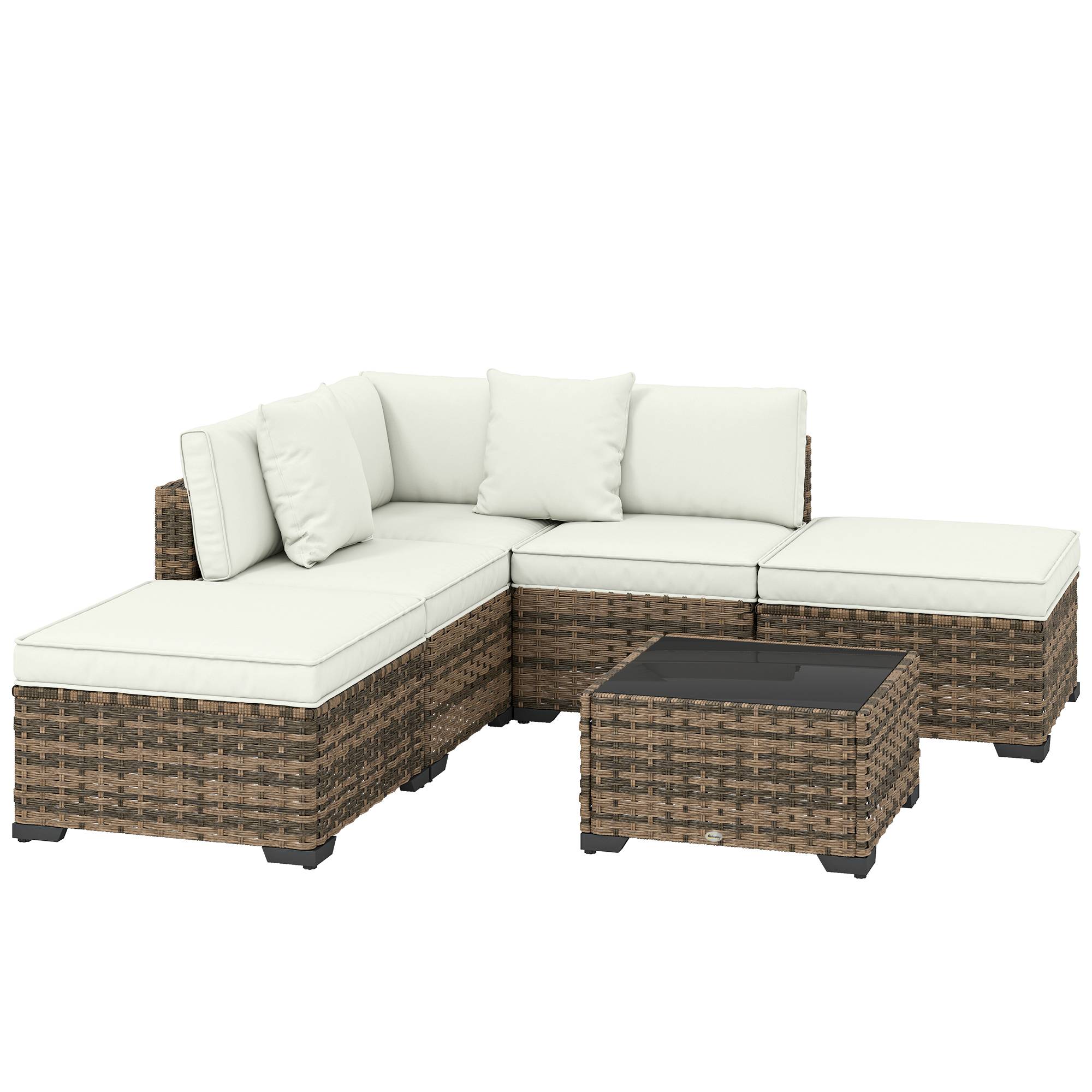 Outsunny - Salon de jardin extérieur d'angle 5 places - canapés, repose-pieds, table basse et coussins - résine tressée - crème - Outsunny - Image 1