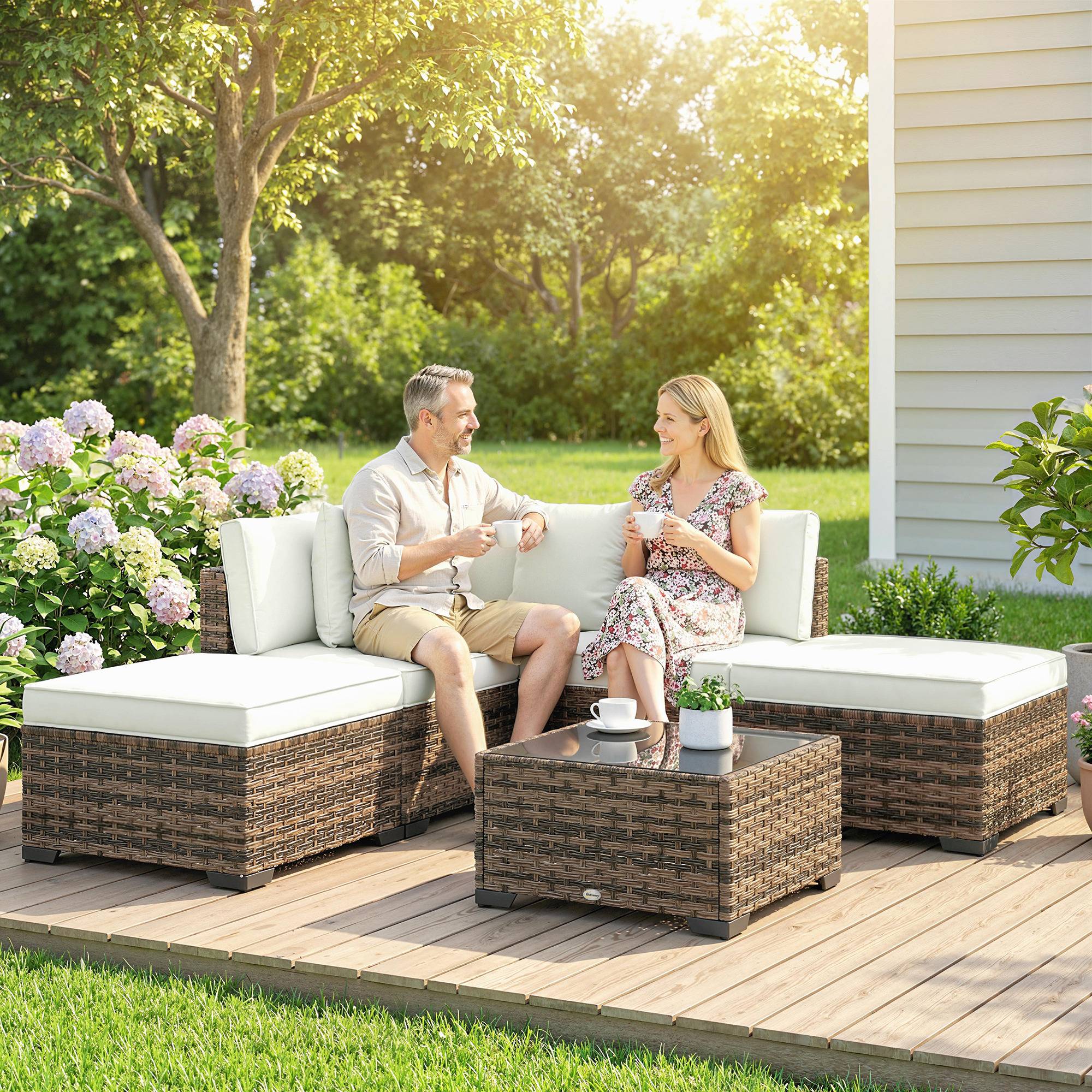 Outsunny - Salon de jardin extérieur d'angle 5 places - canapés, repose-pieds, table basse et coussins - résine tressée - crème - Outsunny - Image 6