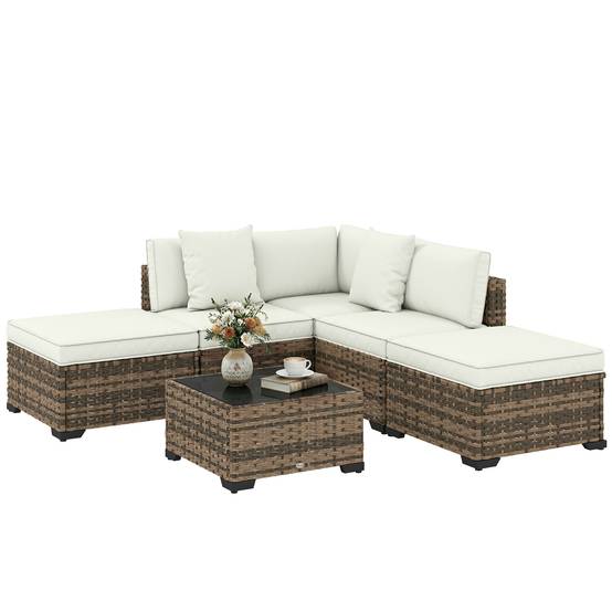 Outsunny - Salon de jardin extérieur d'angle 5 places - canapés, repose-pieds, table basse et coussins - résine tressée - crème - Outsunny - Image 5
