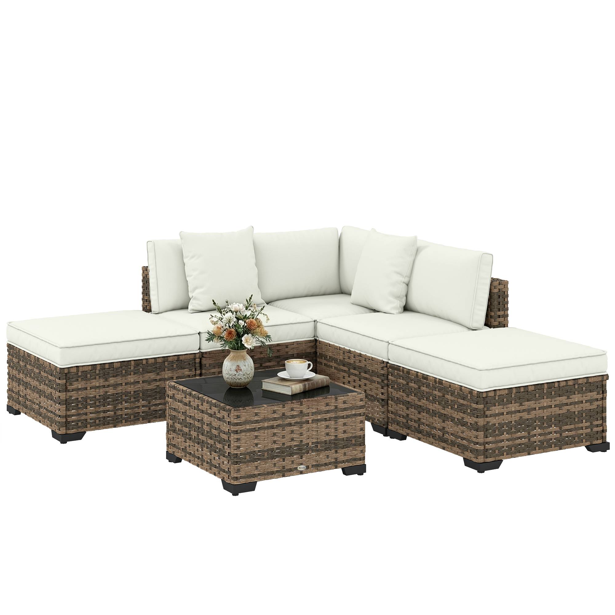 Outsunny - Salon de jardin extérieur d'angle 5 places - canapés, repose-pieds, table basse et coussins - résine tressée - crème - Outsunny - Image 5