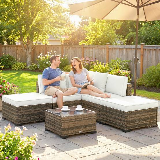 Outsunny - Salon de jardin extérieur d'angle 5 places - canapés, repose-pieds, table basse et coussins - résine tressée - crème - Outsunny - Image 4