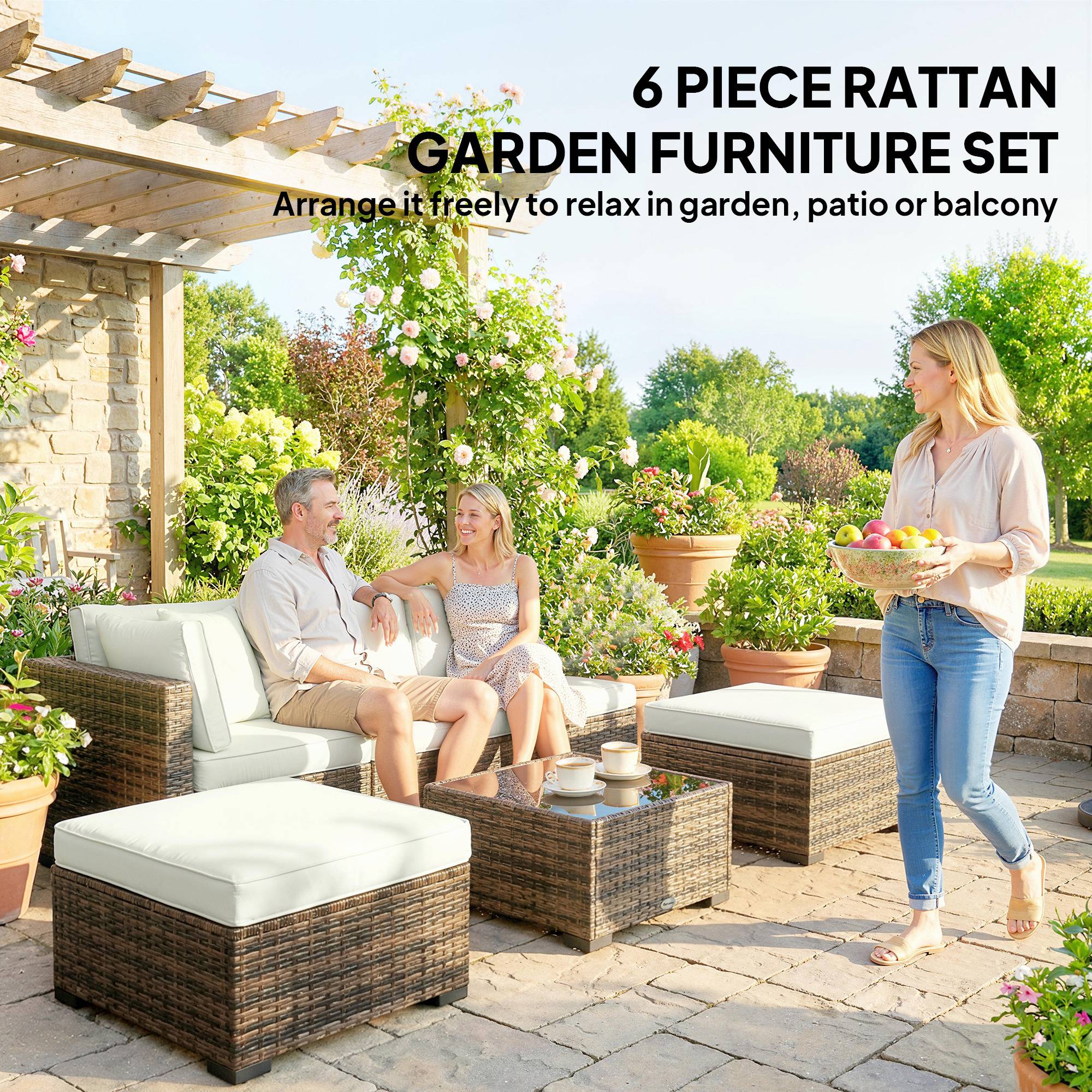 Outsunny - Salon de jardin extérieur d'angle 5 places - canapés, repose-pieds, table basse et coussins - résine tressée - crème - Outsunny - Image 7
