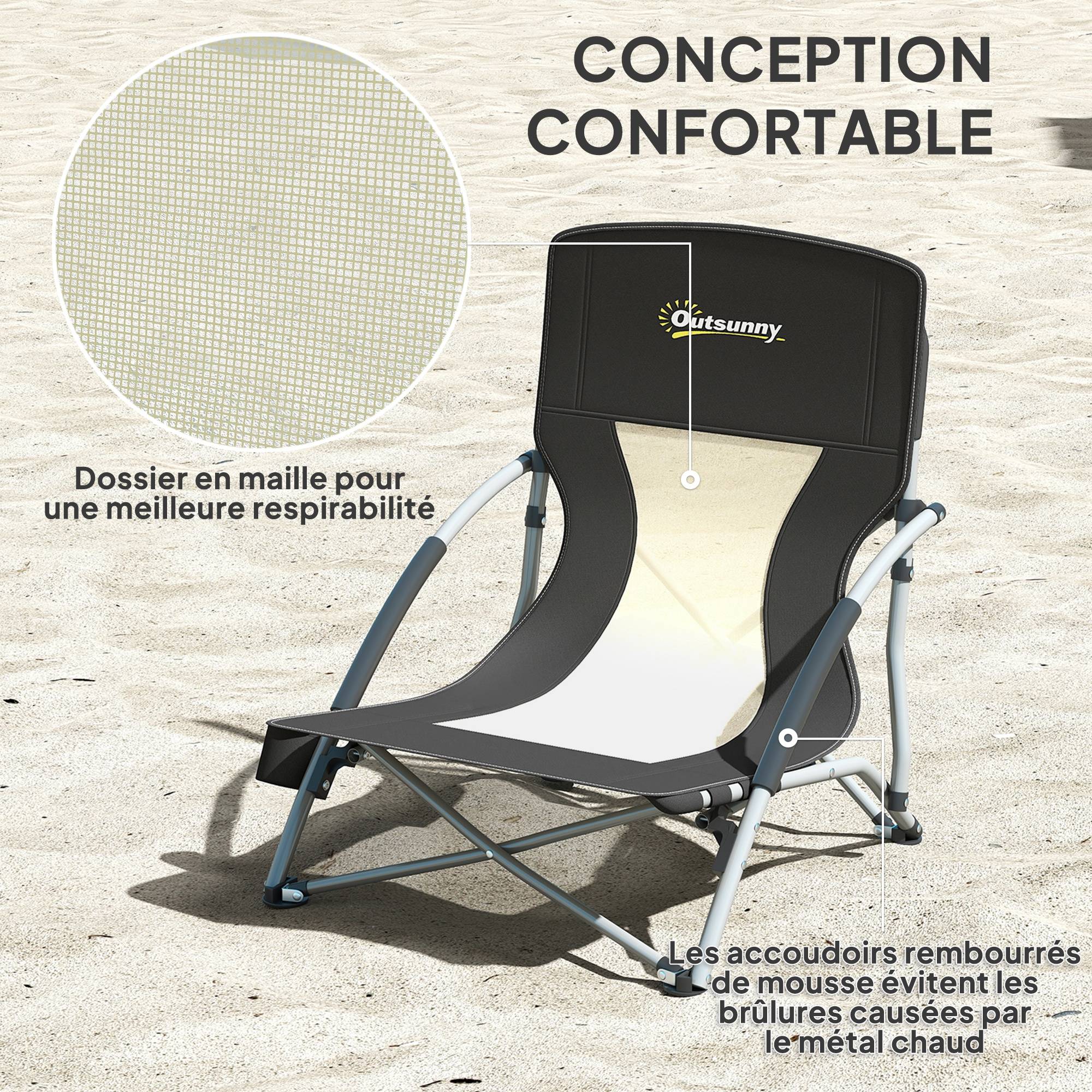 Chaise de plage pliante métal et tissu noir 58 x 55 x 62 cm - PANGIVO - Image 7