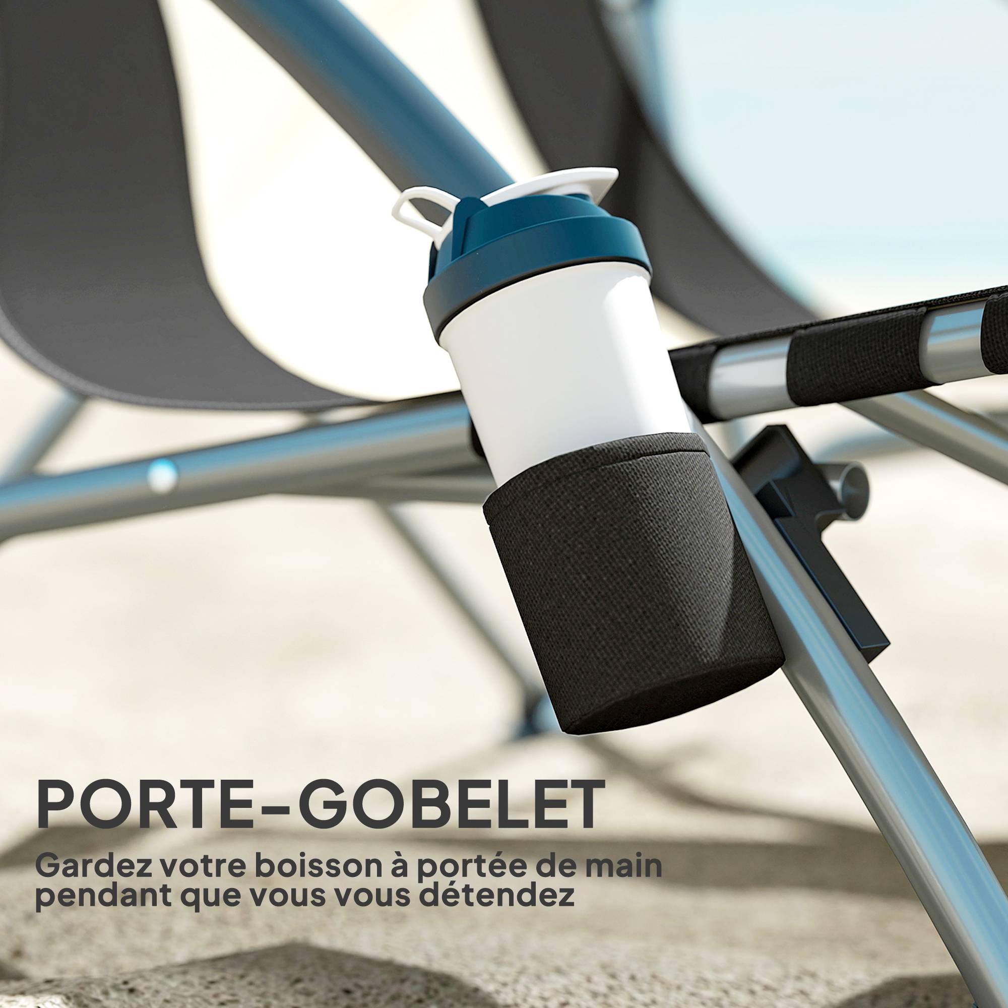 Chaise de plage pliante métal et tissu noir 58 x 55 x 62 cm - PANGIVO - Image 8
