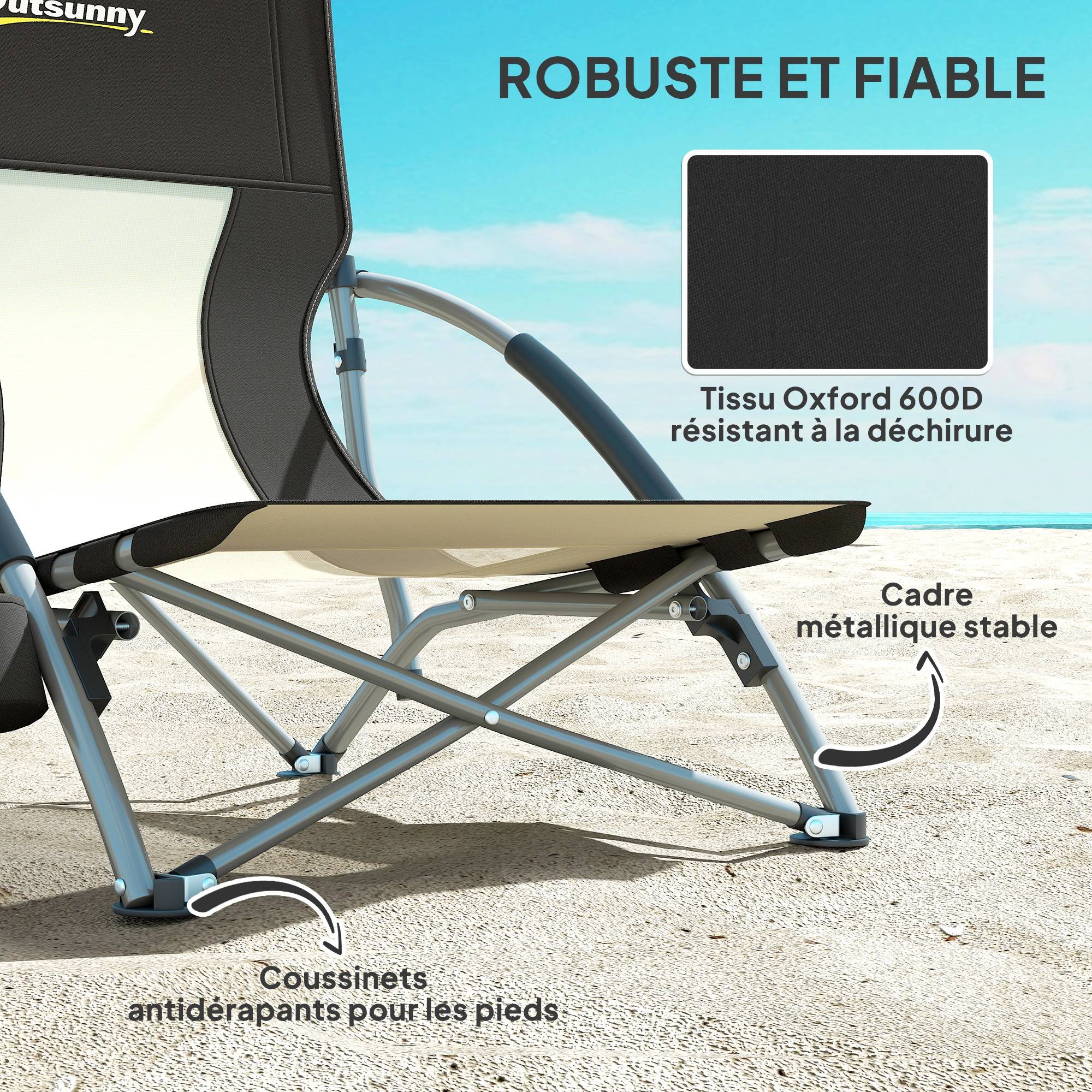 Chaise de plage pliante métal et tissu noir 58 x 55 x 62 cm - PANGIVO - Image 9