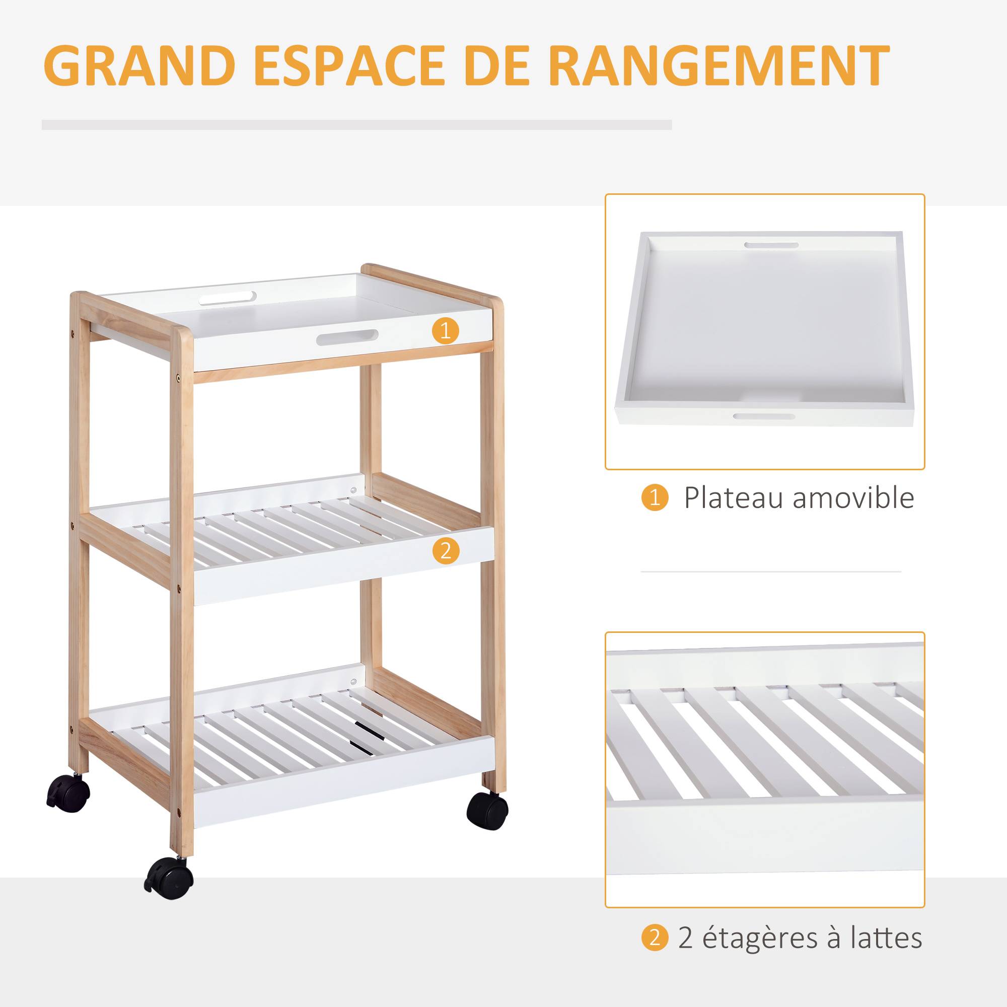 Chariot de service desserte de cuisine à roulettes 2 étagères + plateau amovible bois de pin MDF blanc - Image 6