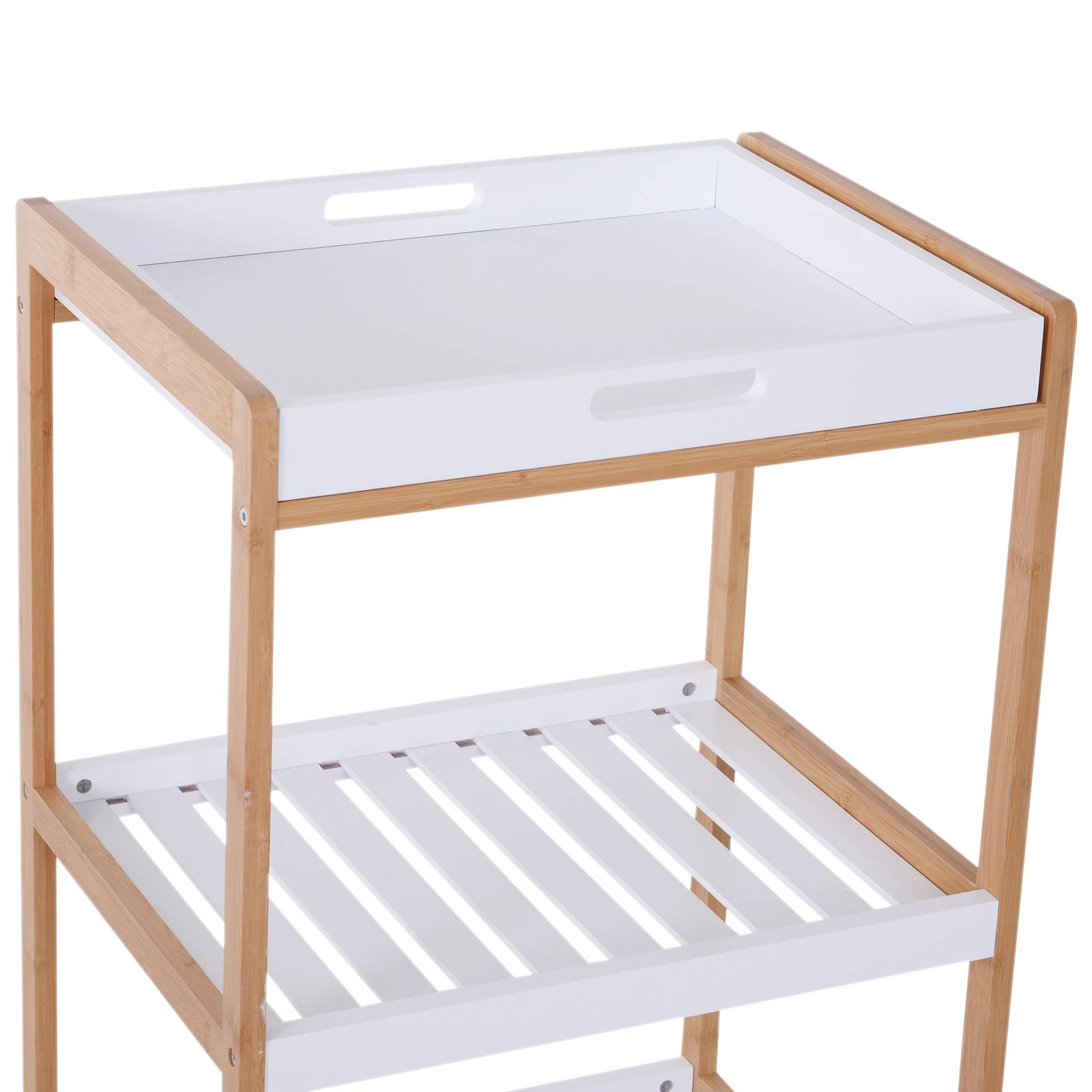 Chariot de service desserte de cuisine à roulettes 2 étagères + plateau amovible bois de pin MDF blanc - Image 10