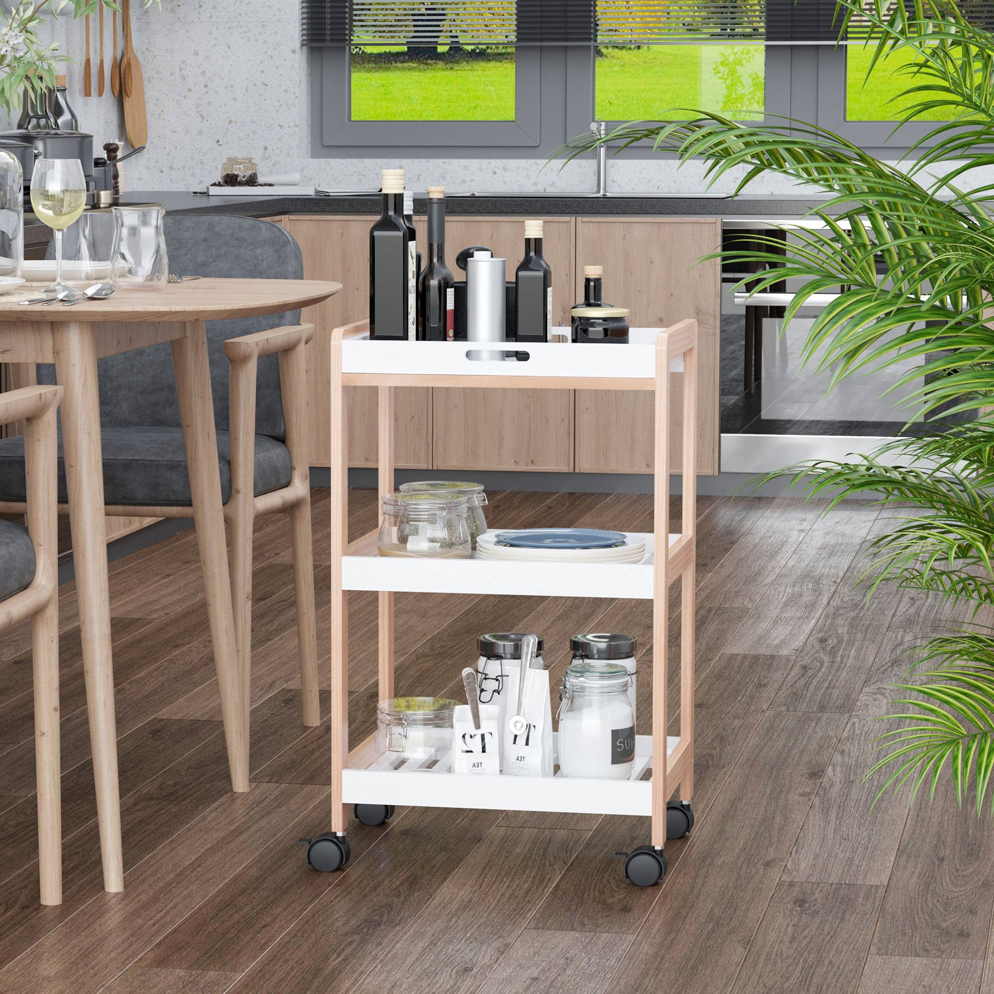 Chariot de service desserte de cuisine à roulettes 2 étagères + plateau amovible bois de pin MDF blanc - Image 3