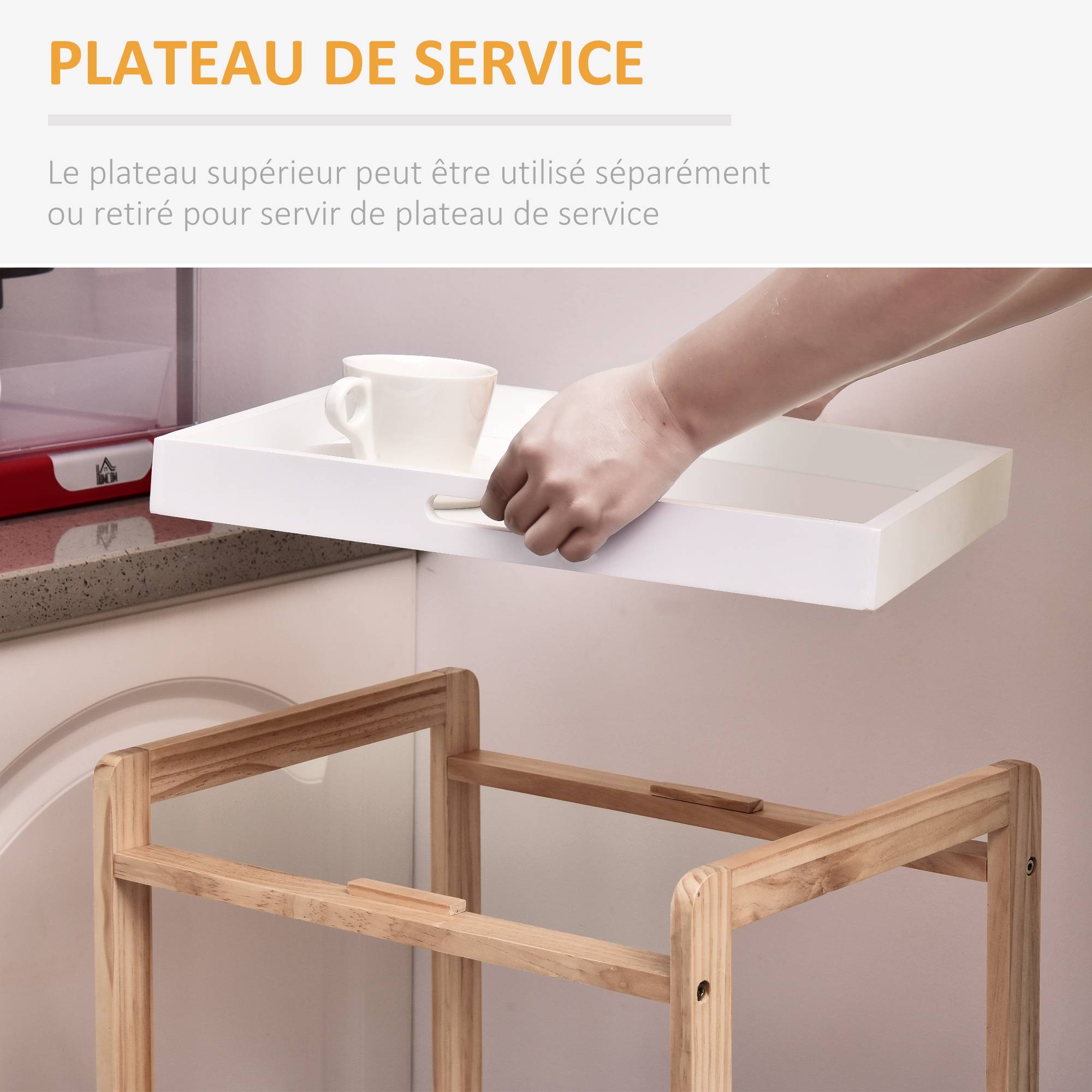 Chariot de service desserte de cuisine à roulettes 2 étagères + plateau amovible bois de pin MDF blanc - Image 7
