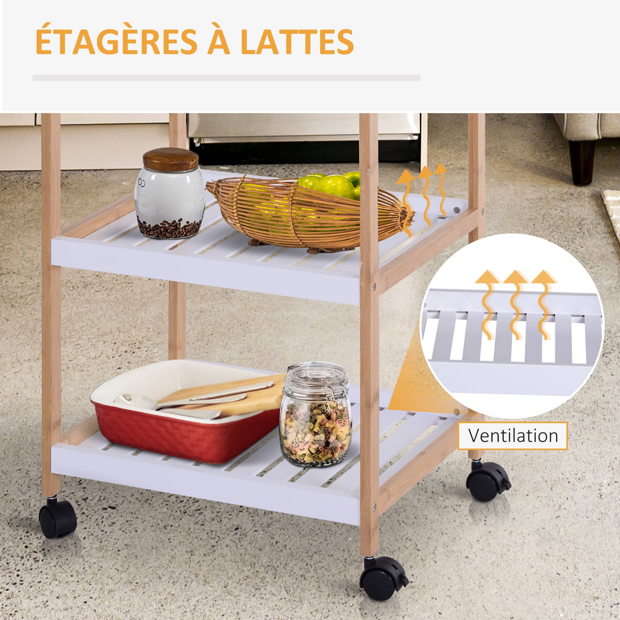 Chariot de service desserte de cuisine à roulettes 2 étagères + plateau amovible bois de pin MDF blanc - Image 8