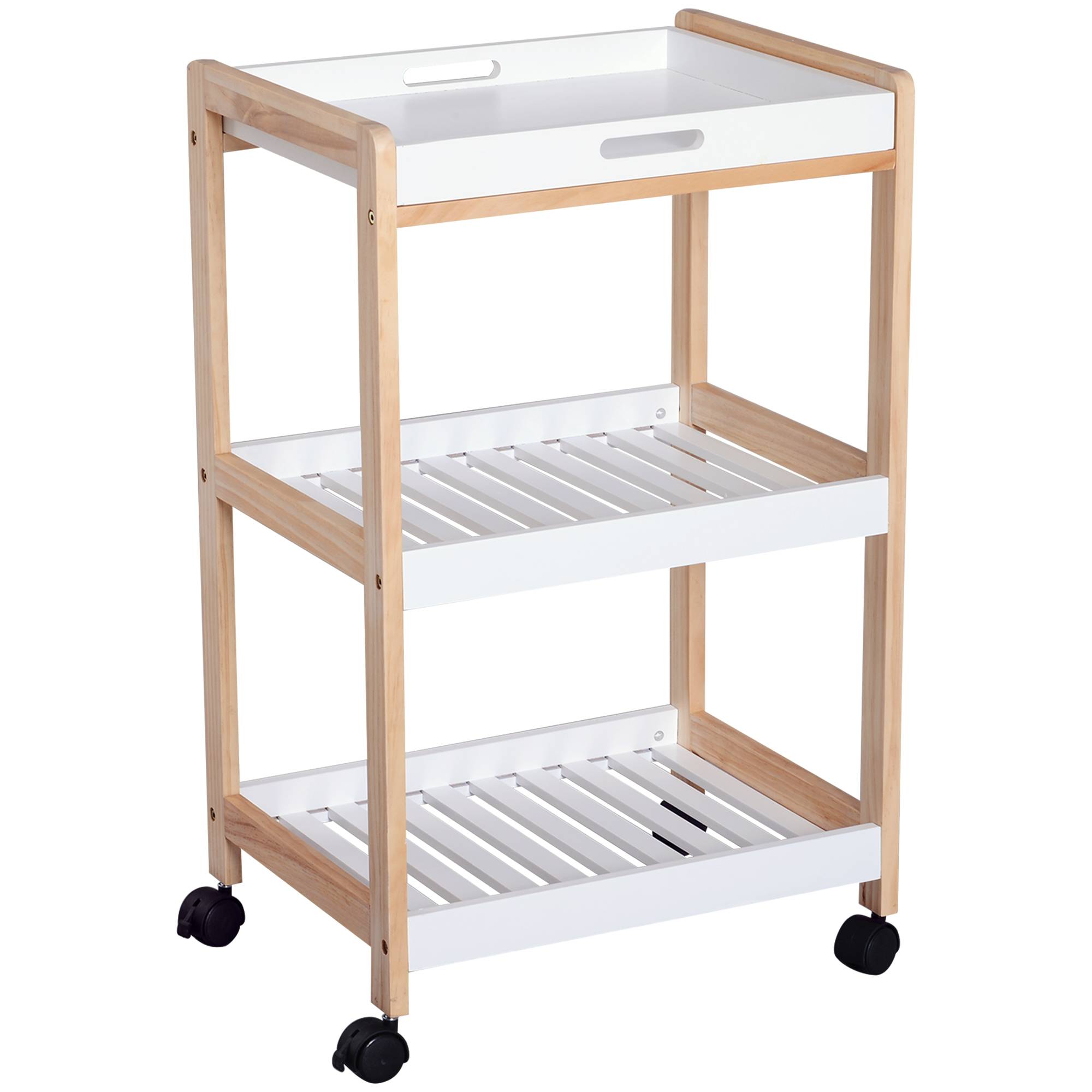 Chariot de service desserte de cuisine à roulettes 2 étagères + plateau amovible bois de pin MDF blanc - Image 1