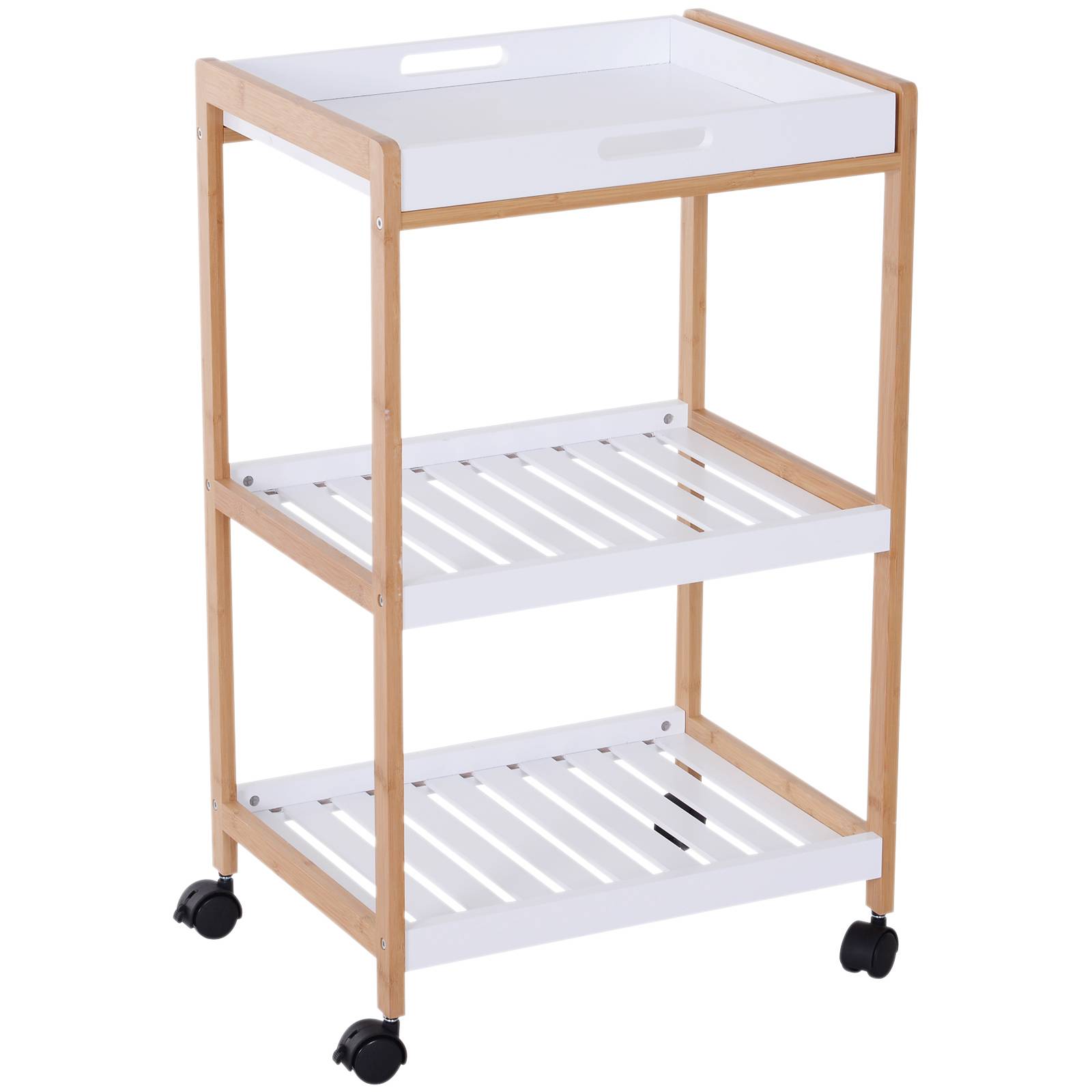 Chariot de service desserte de cuisine à roulettes 2 étagères + plateau amovible bois de pin MDF blanc - Image 2